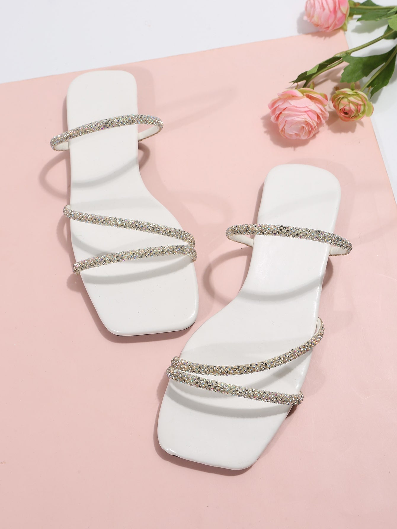Women  Apricot Rhinestone Decor Flat Sandals, Open Toe Mules For Daily Wear
