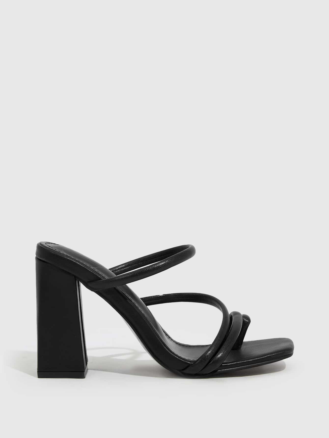 Everyday Collection Women Multi Strap Chunky Heeled Sandals, Elegant Black Mule Sandals