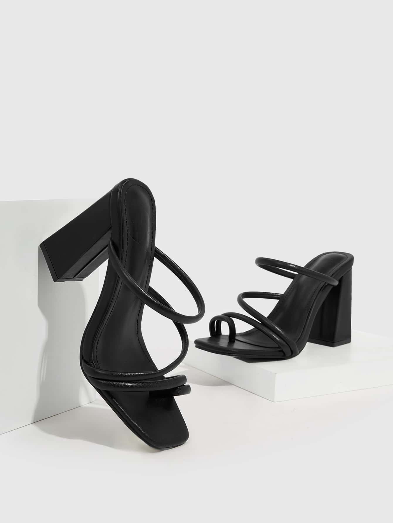 Everyday Collection Women Multi Strap Chunky Heeled Sandals, Elegant Black Mule Sandals