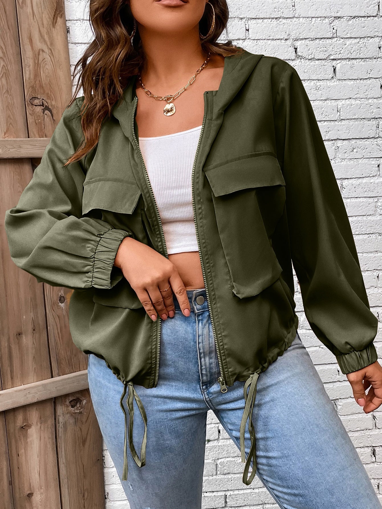 LUNE Plus Flap Pocket Drawstring Hem Hooded Jacket