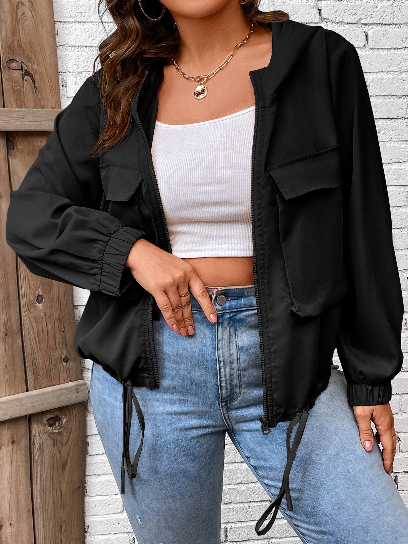 LUNE Plus Flap Pocket Drawstring Hem Hooded Jacket