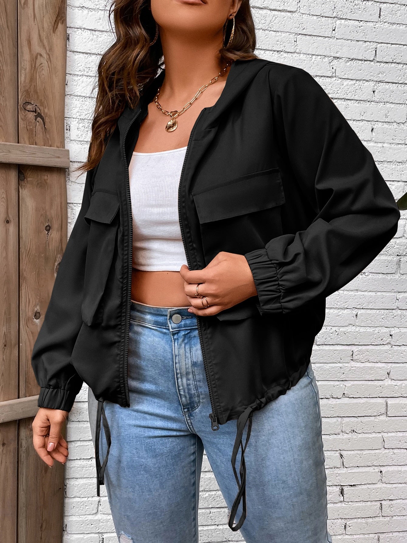 LUNE Plus Flap Pocket Drawstring Hem Hooded Jacket