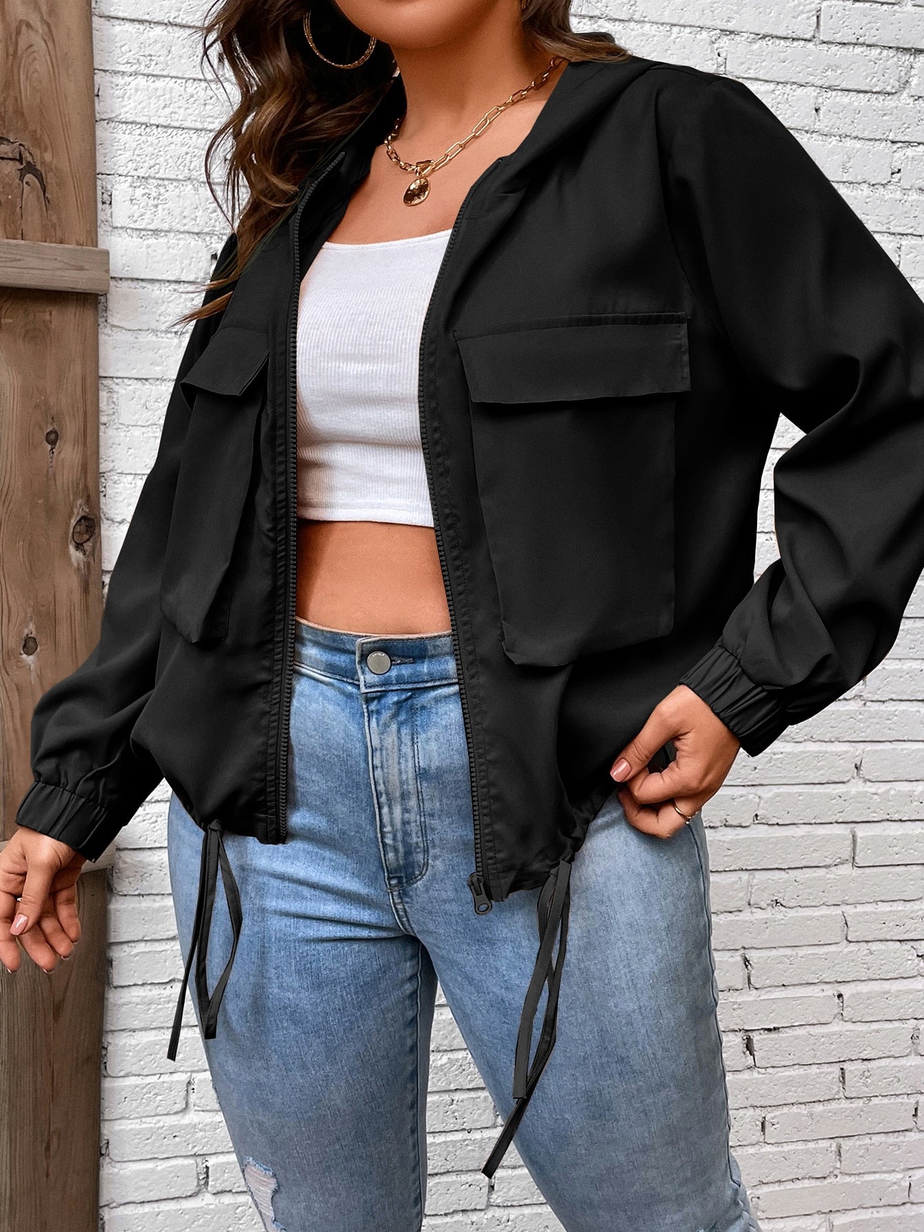 LUNE Plus Flap Pocket Drawstring Hem Hooded Jacket