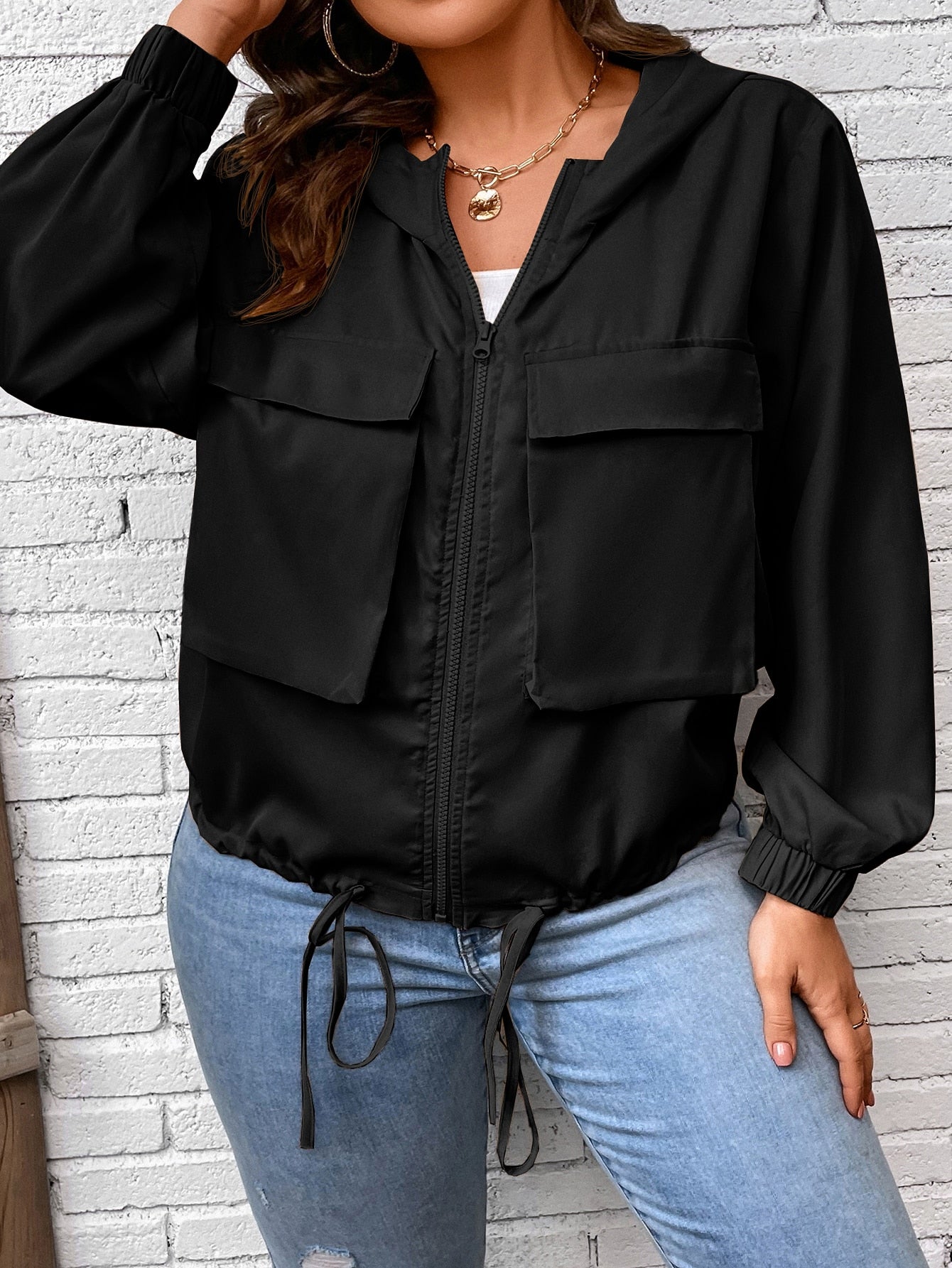 LUNE Plus Flap Pocket Drawstring Hem Hooded Jacket