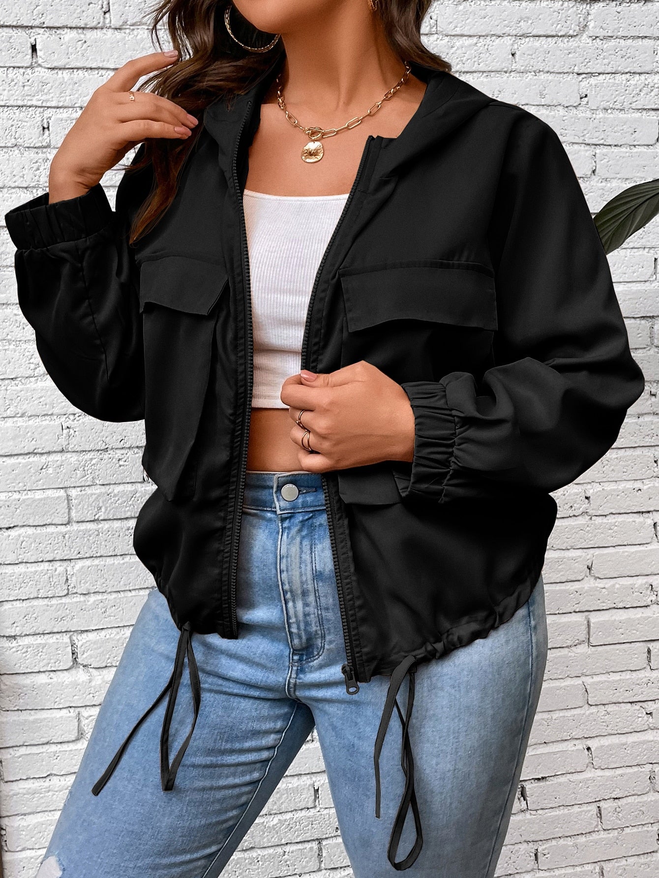 LUNE Plus Flap Pocket Drawstring Hem Hooded Jacket