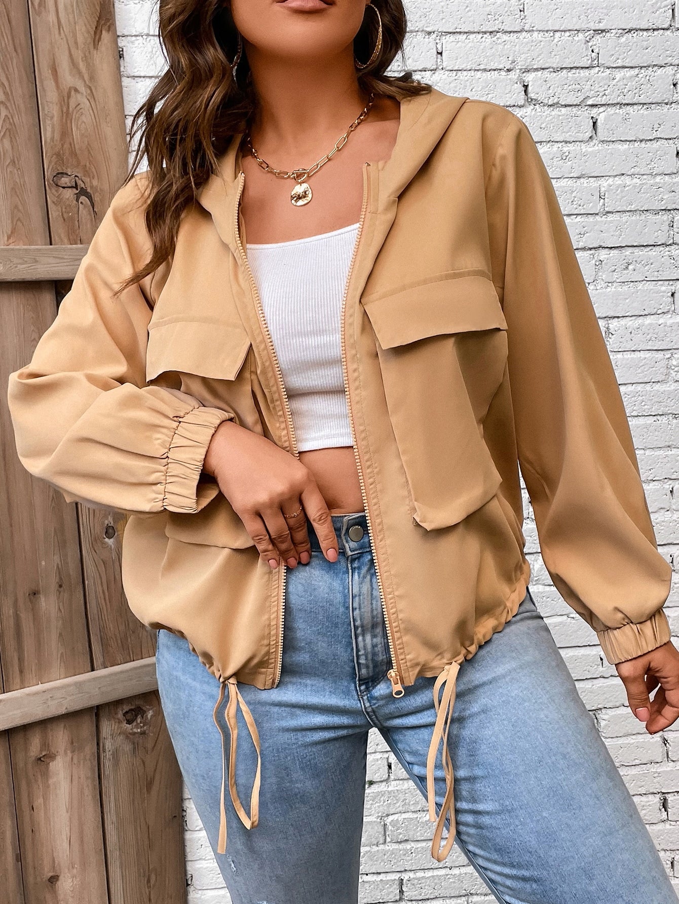 LUNE Plus Flap Pocket Drawstring Hem Hooded Jacket