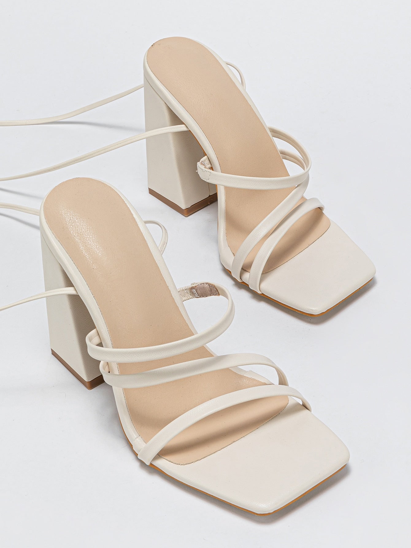 Fashion Beige Strappy Sandals For Women, Tie Leg Design Chunky Heeled Sandals