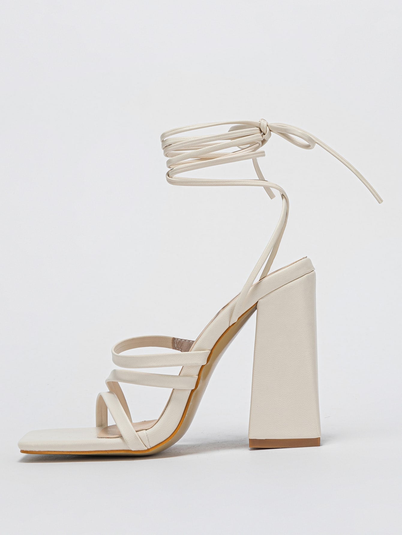 Fashion Beige Strappy Sandals For Women, Tie Leg Design Chunky Heeled Sandals