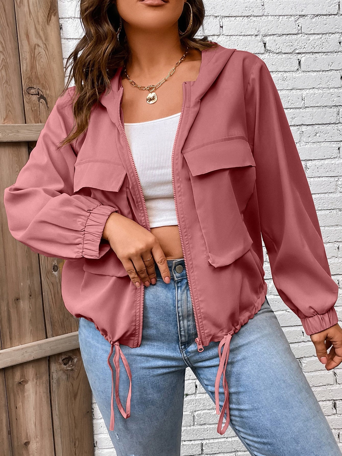 LUNE Plus Flap Pocket Drawstring Hem Hooded Jacket