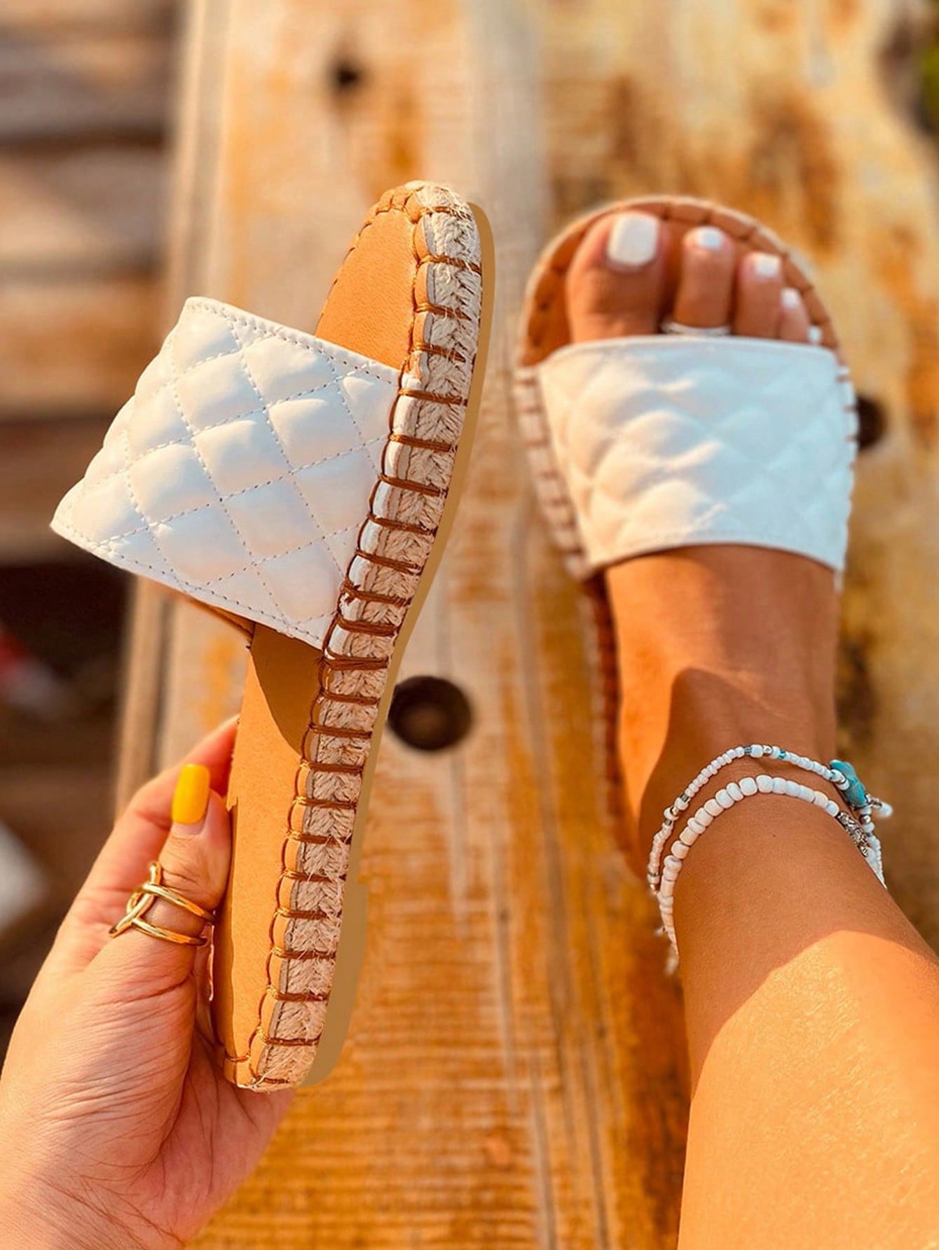 Women Quilted Pattern Espadrille Slide Sandals, Vacation Summer Flat Sandals