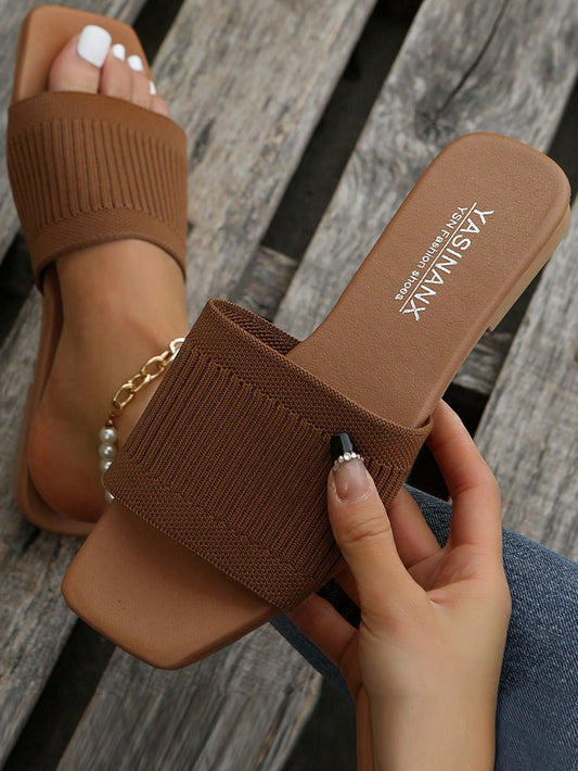 Elegant Slide Sandals For Women, Knit Detail Single Band Flat Sandals
