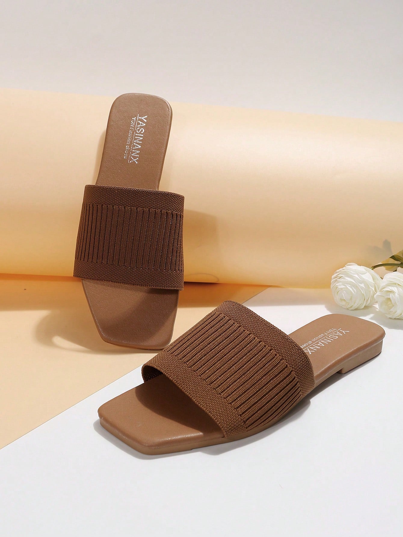Elegant Slide Sandals For Women, Knit Detail Single Band Flat Sandals