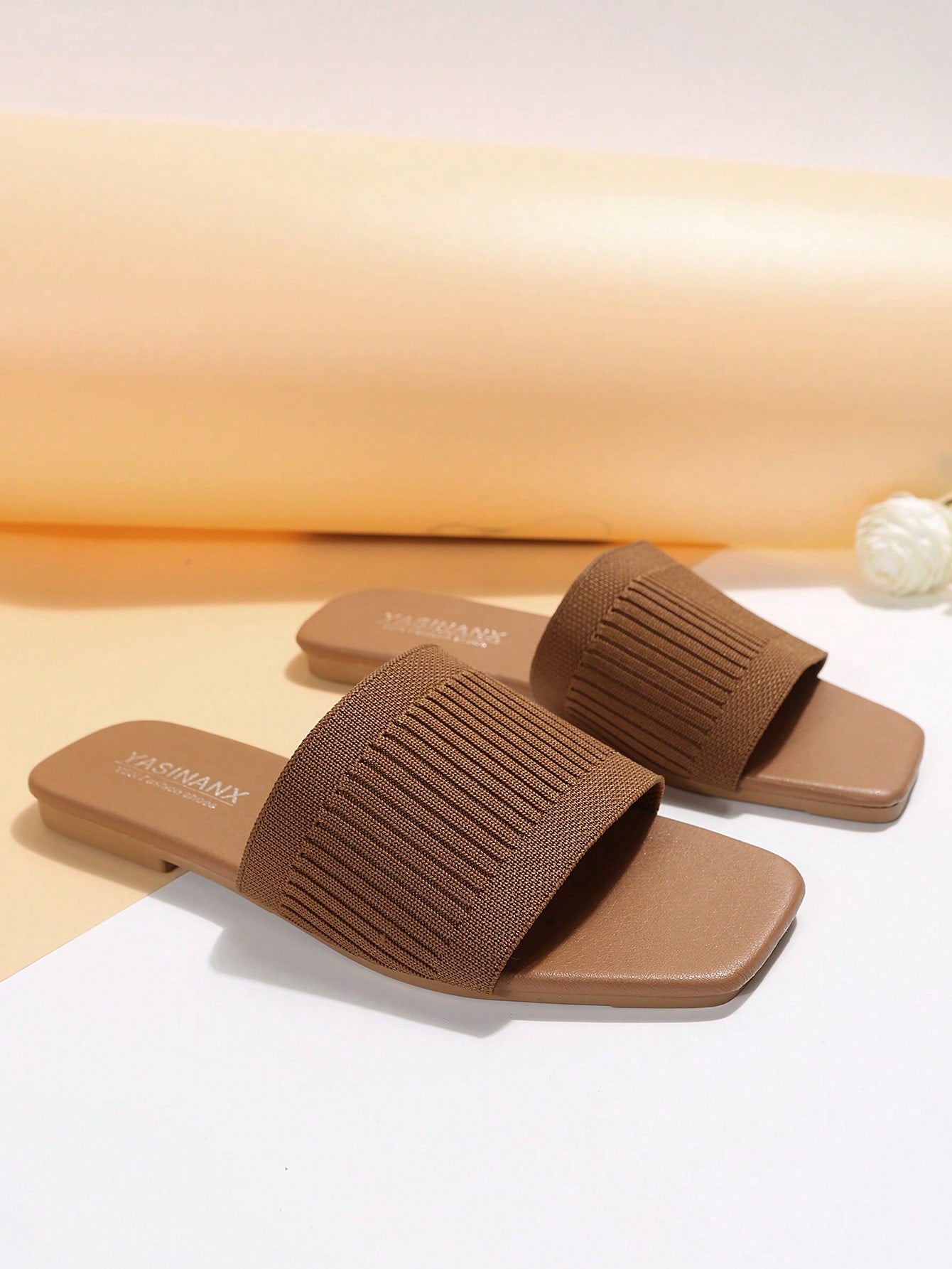 Elegant Slide Sandals For Women, Knit Detail Single Band Flat Sandals