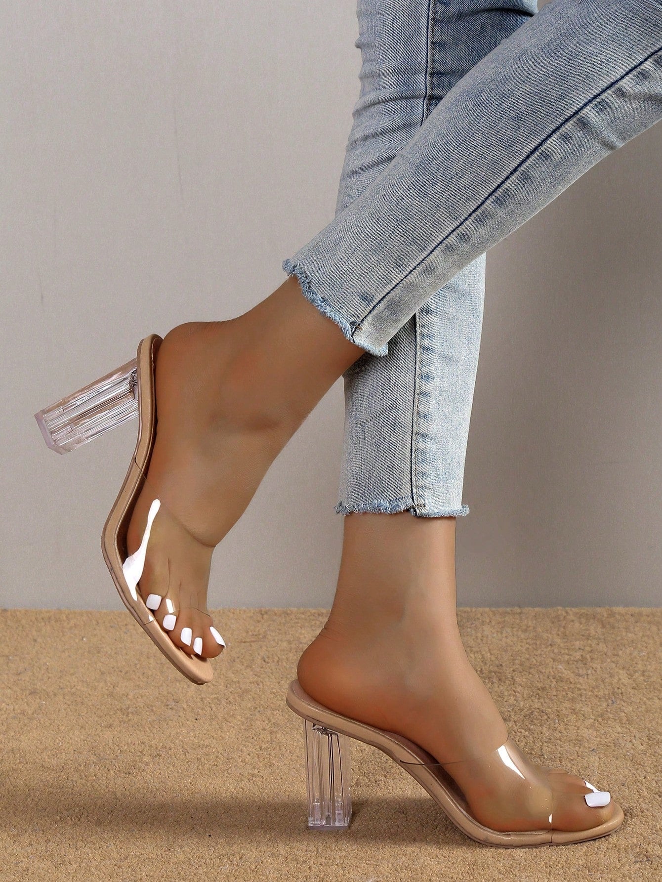 Women Clear Strap Chunky Heeled Mule Sandals, Fashion Summer Heeled Sandals
