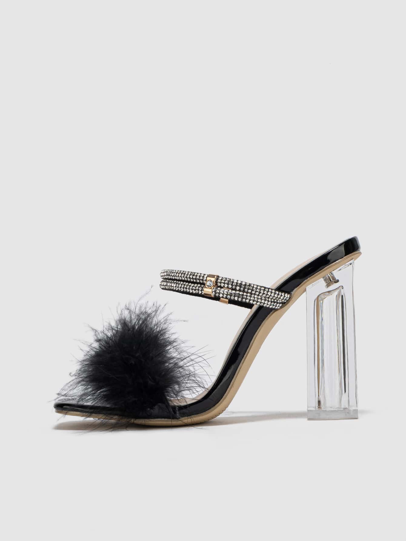 Women Fuzzy Rhinestone Decor Mules, Chunky Heeled Slingback Glamorous Sandals