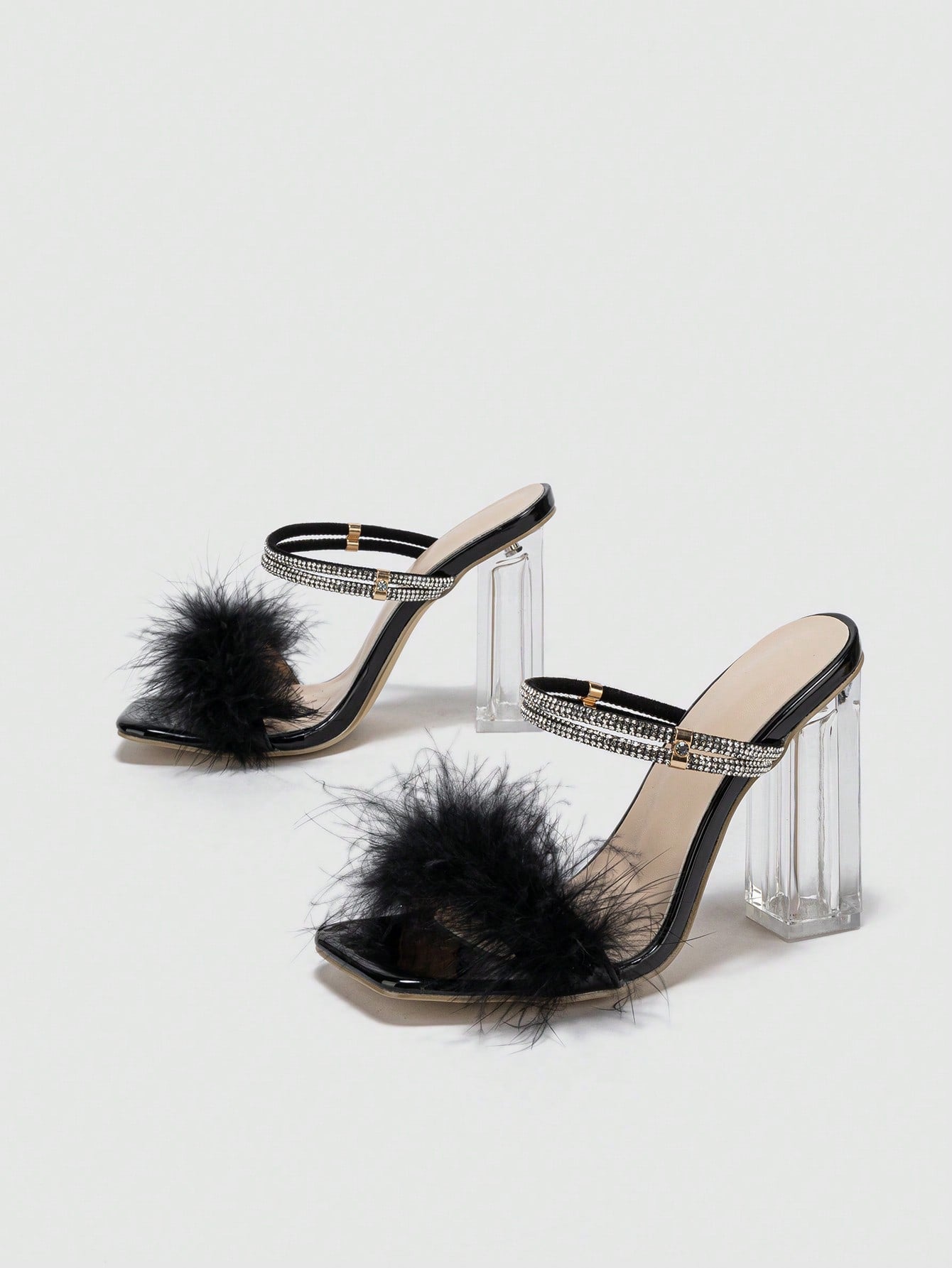 Women Fuzzy Rhinestone Decor Mules, Chunky Heeled Slingback Glamorous Sandals