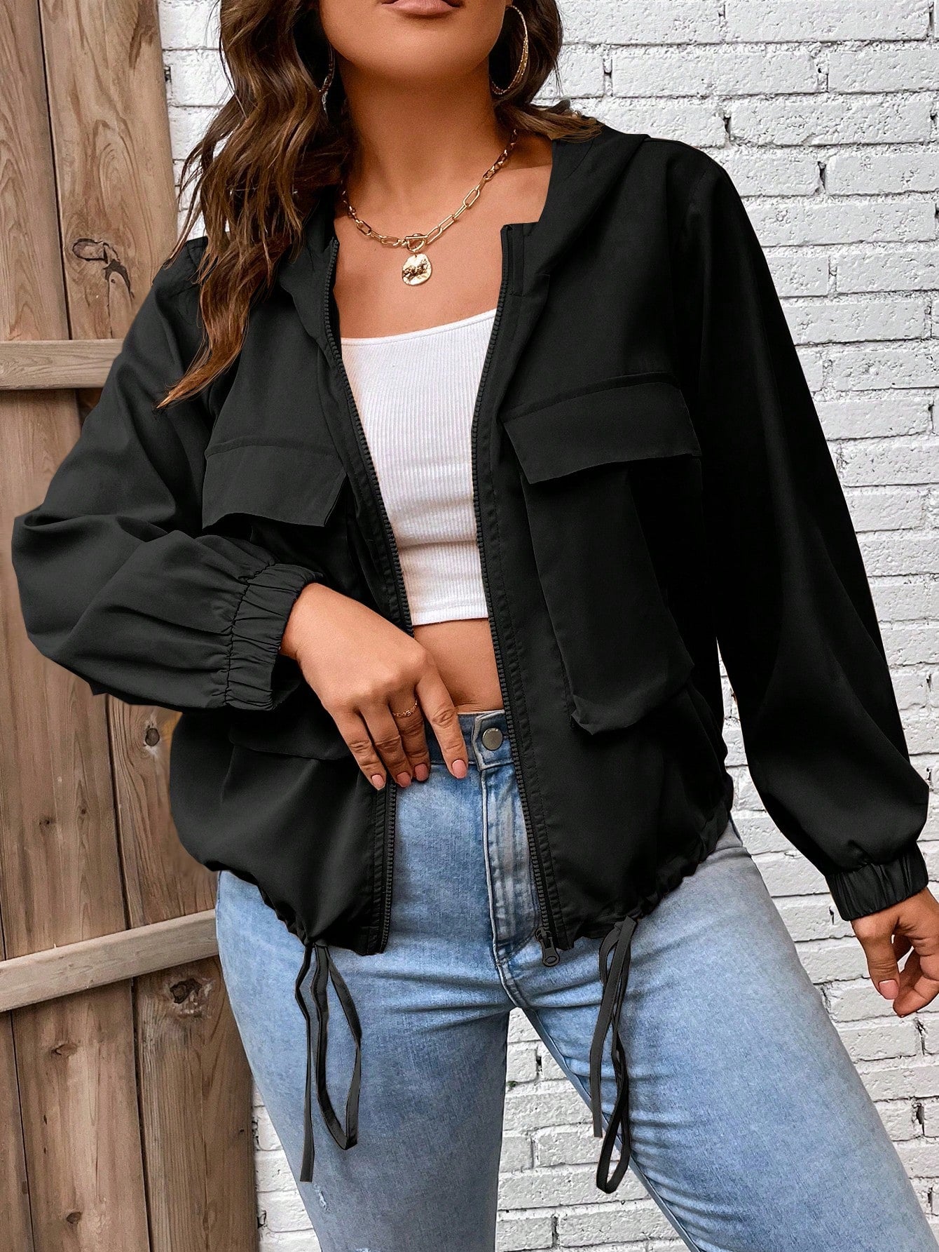 LUNE Plus Flap Pocket Drawstring Hem Hooded Jacket