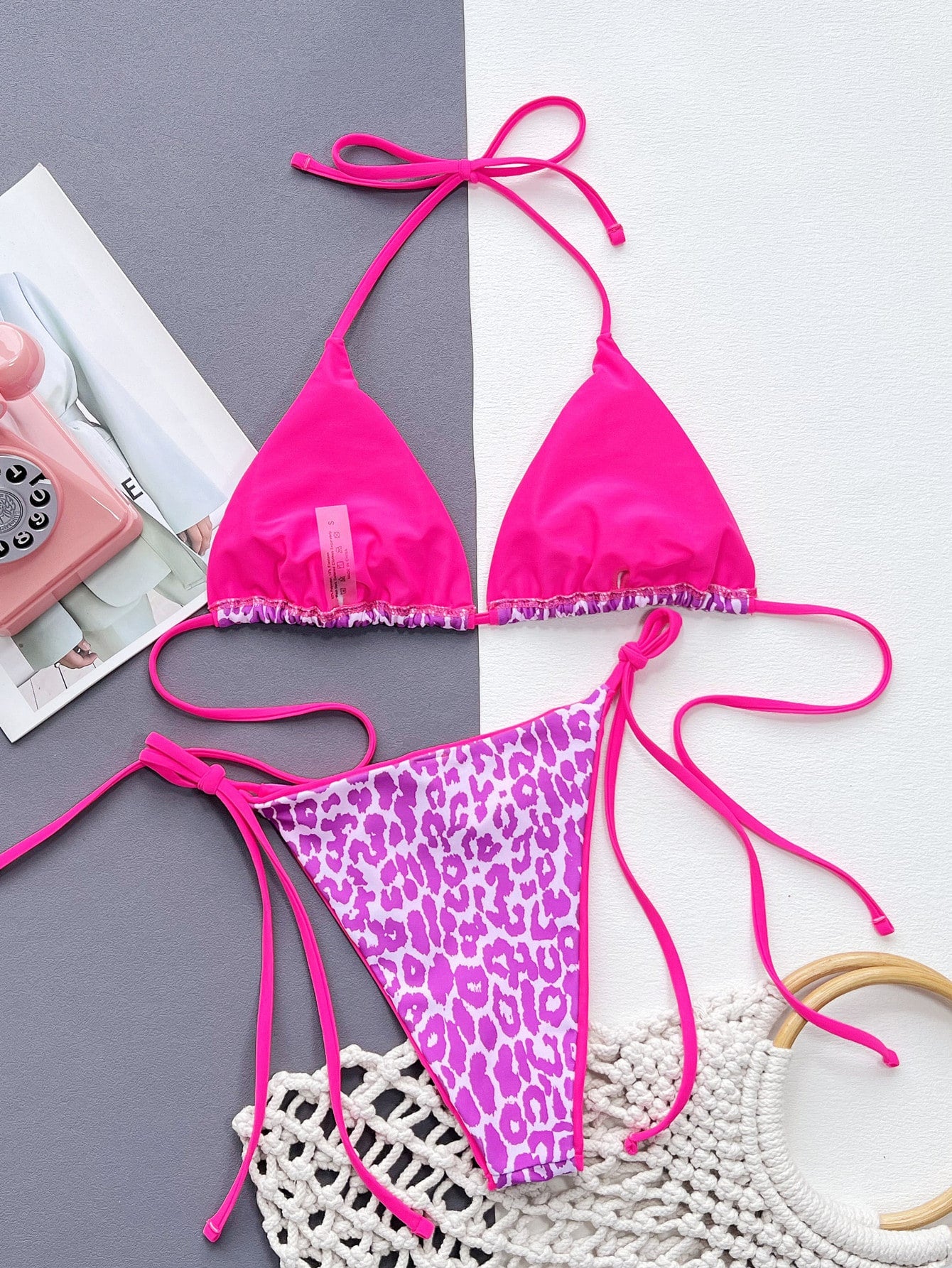 Leopard Contrast Binding Micro Triangle Bikini Swimsuit