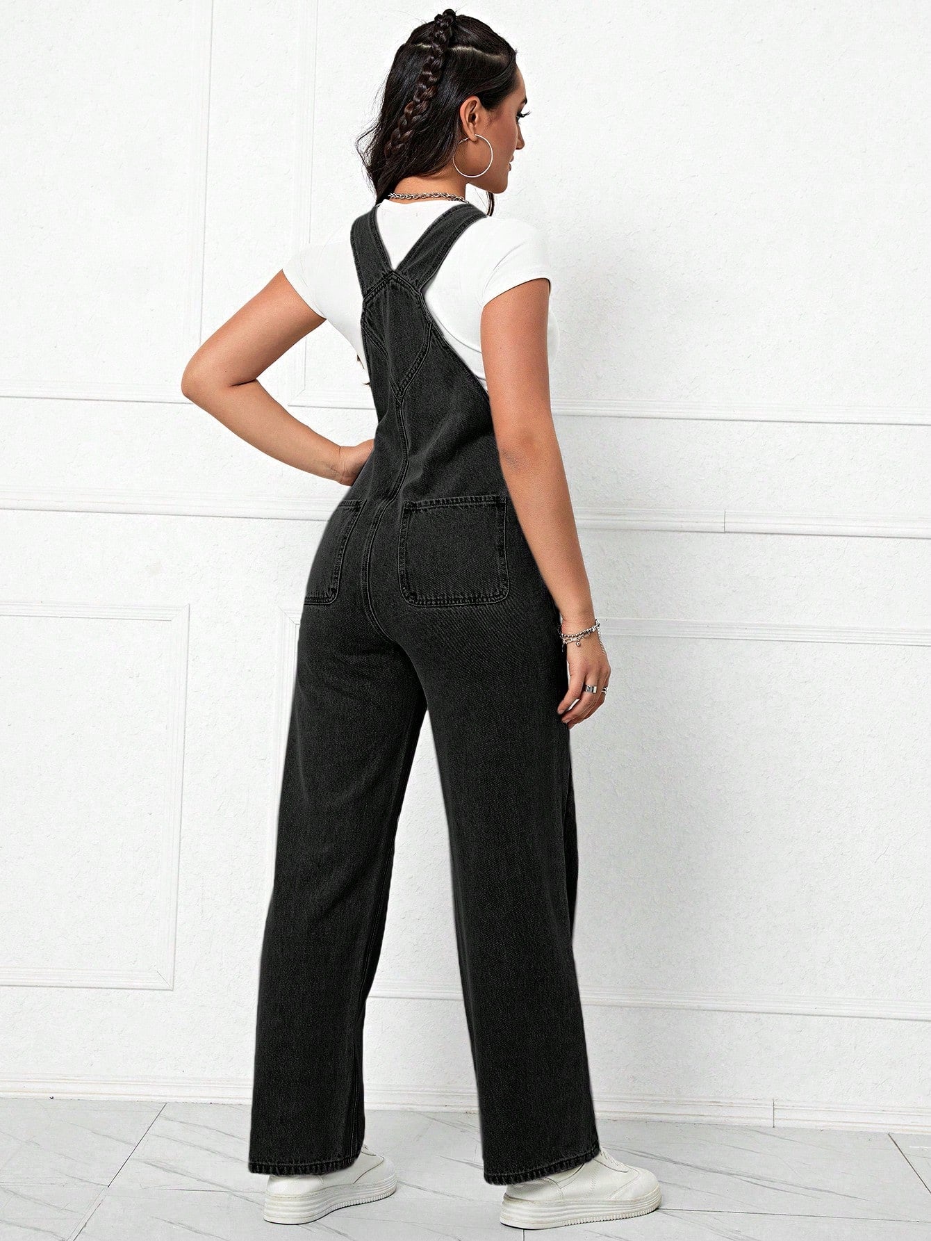 Patched Detail Denim Overalls Without Tee