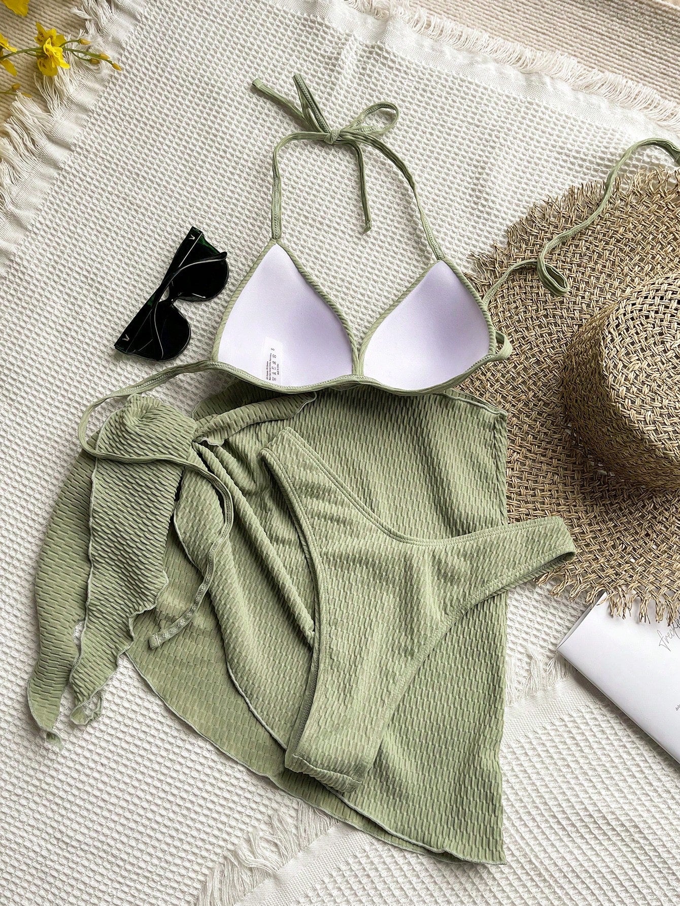 Swim Basics Textured Bikini Set Push Up Bra & Bikini Bottom & Cover Up 3 Piece Swimsuit