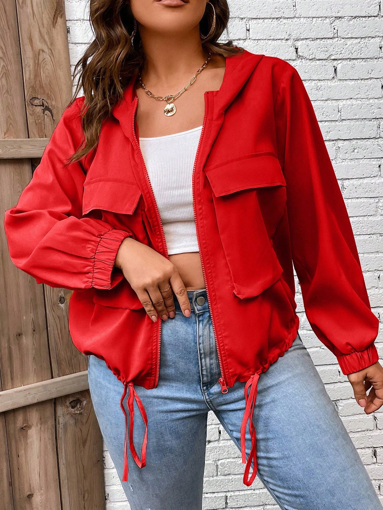 LUNE Plus Flap Pocket Drawstring Hem Hooded Jacket