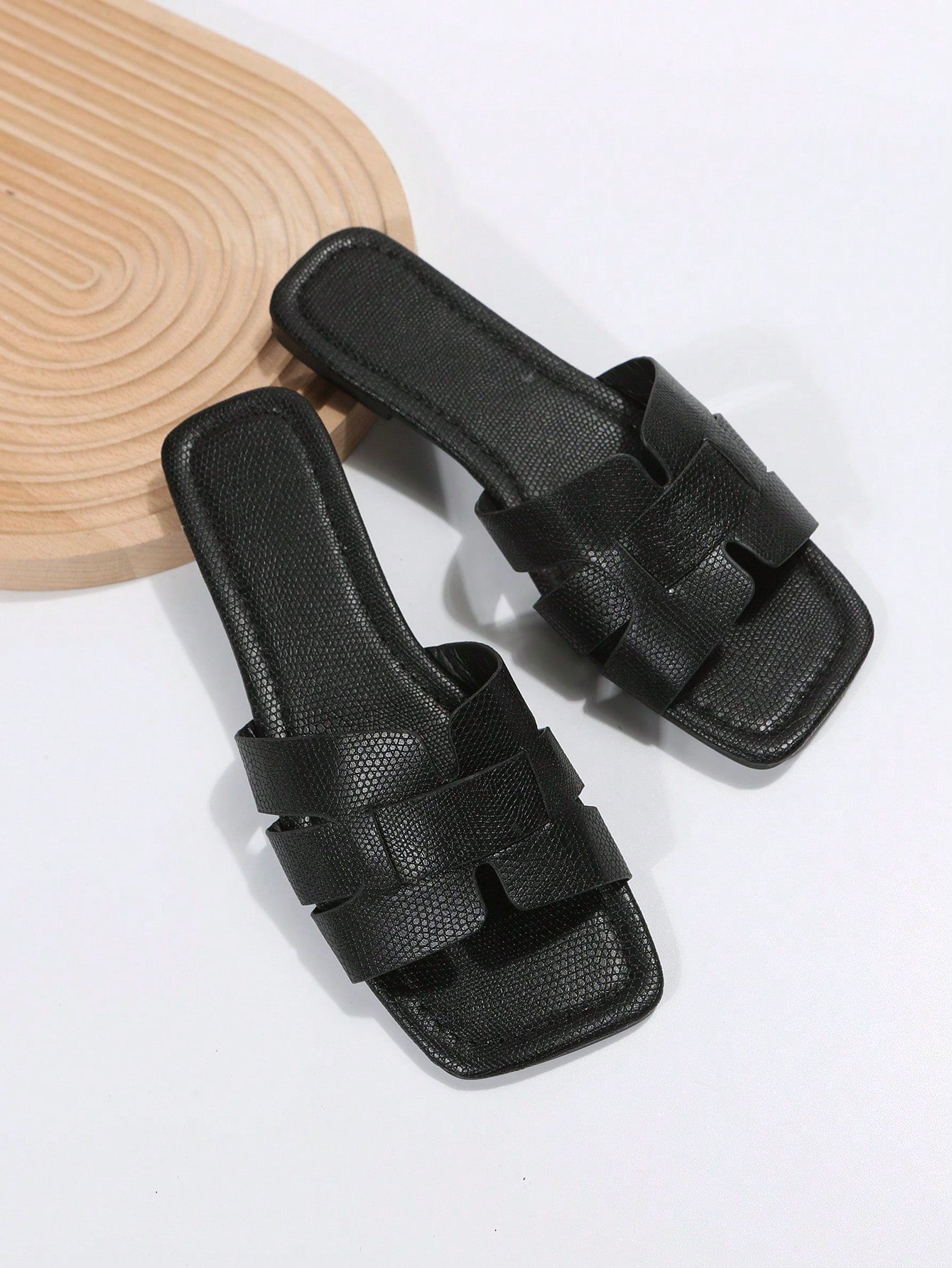 Elegant Black Sandals For Women, Snakeskin Embossed Slide Sandals