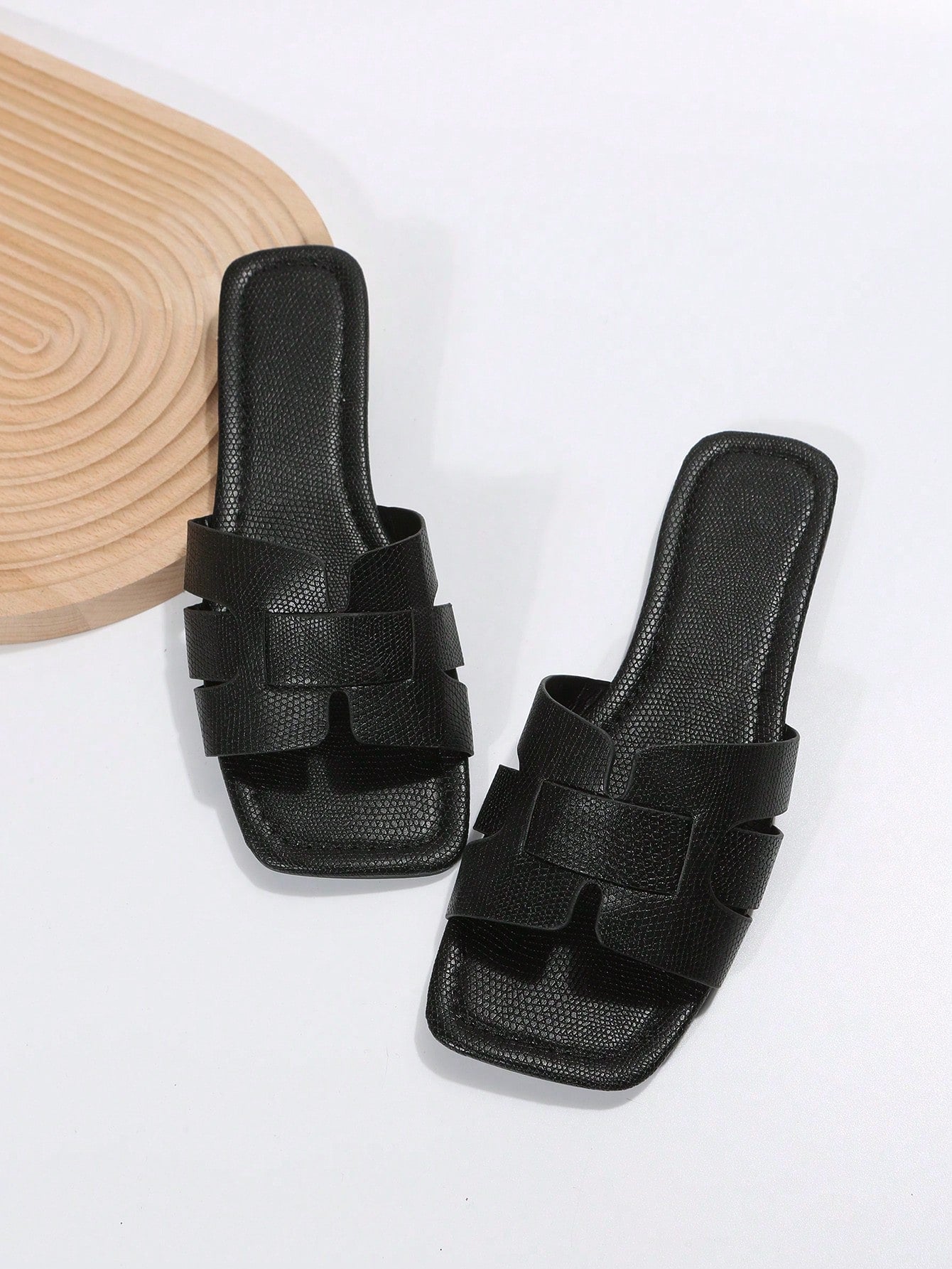 Elegant Black Sandals For Women, Snakeskin Embossed Slide Sandals