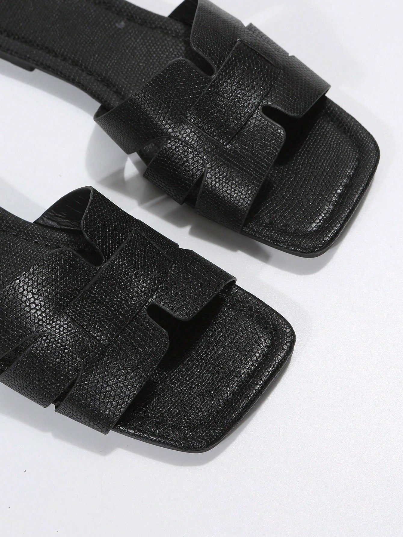 Elegant Black Sandals For Women, Snakeskin Embossed Slide Sandals