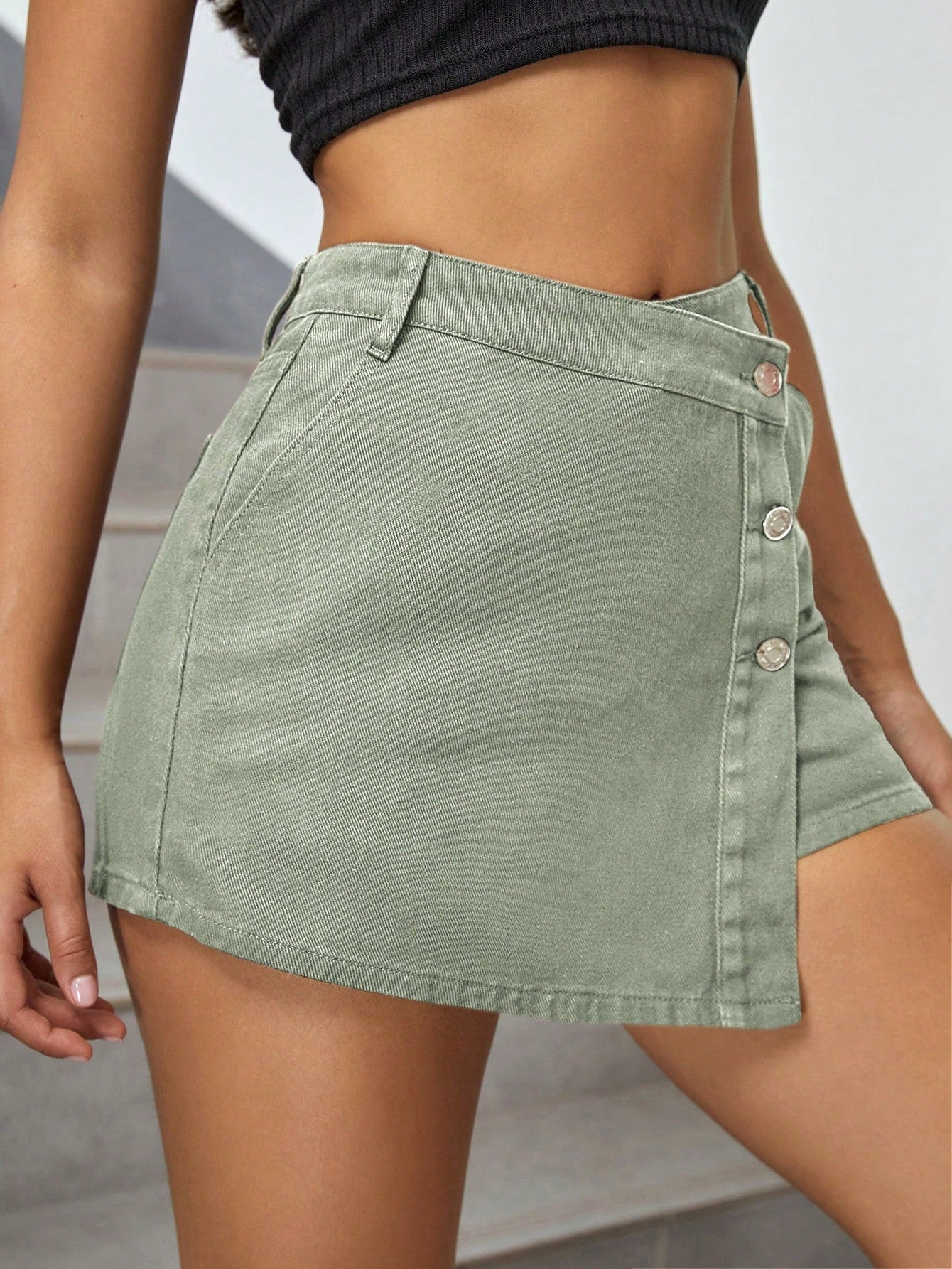 High Waist Button Front Denim Skort