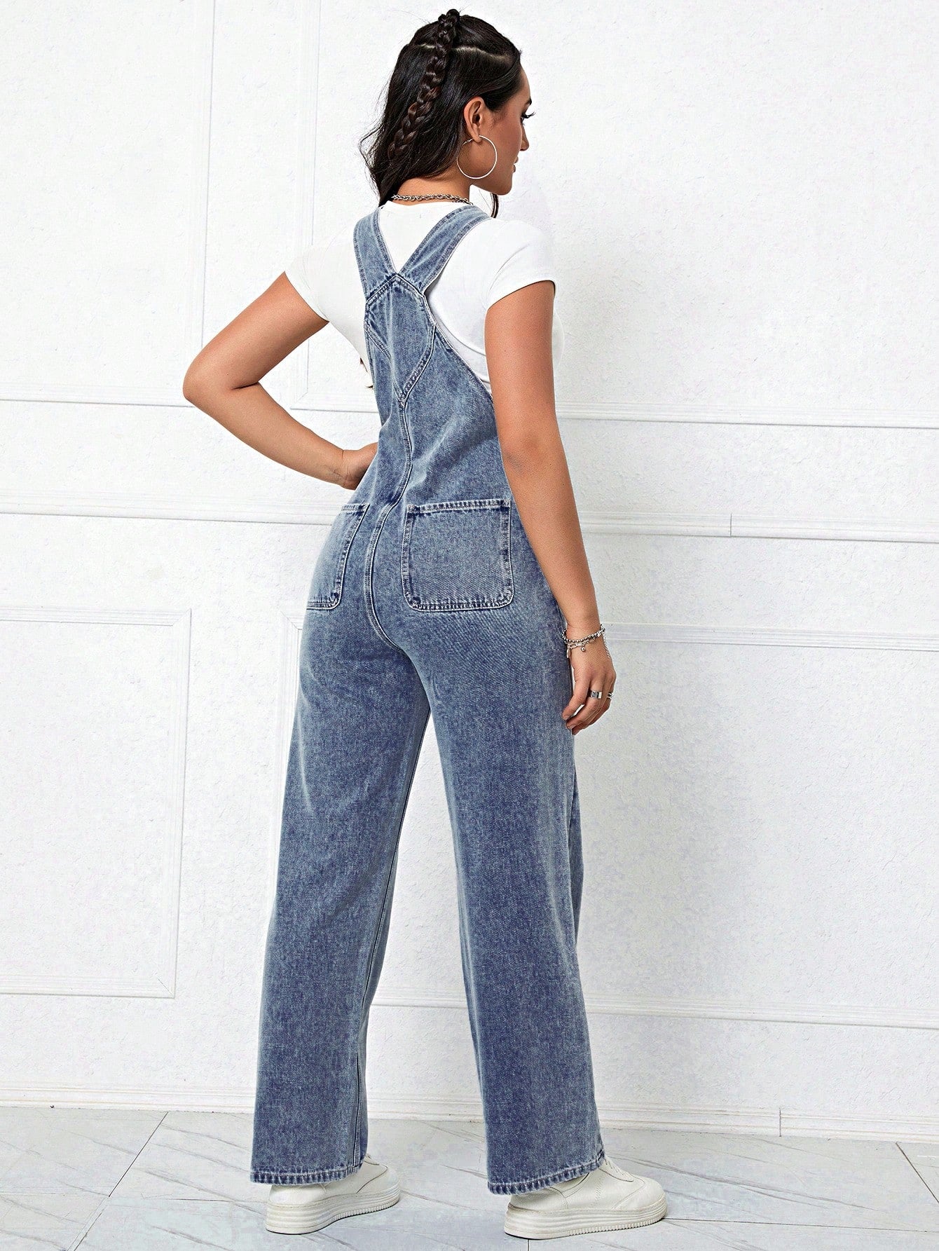 Patched Detail Denim Overalls Without Tee