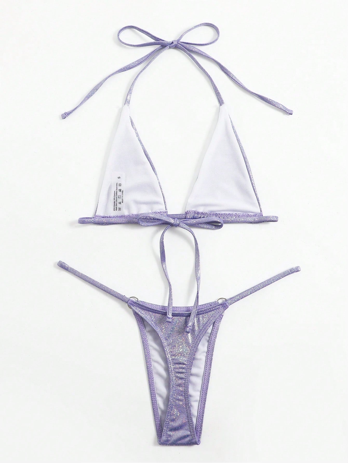 Swim SXY Metallic Bikini Set Micro Triangle Bra & O-ring Linked Thong 2 Piece Swimsuit