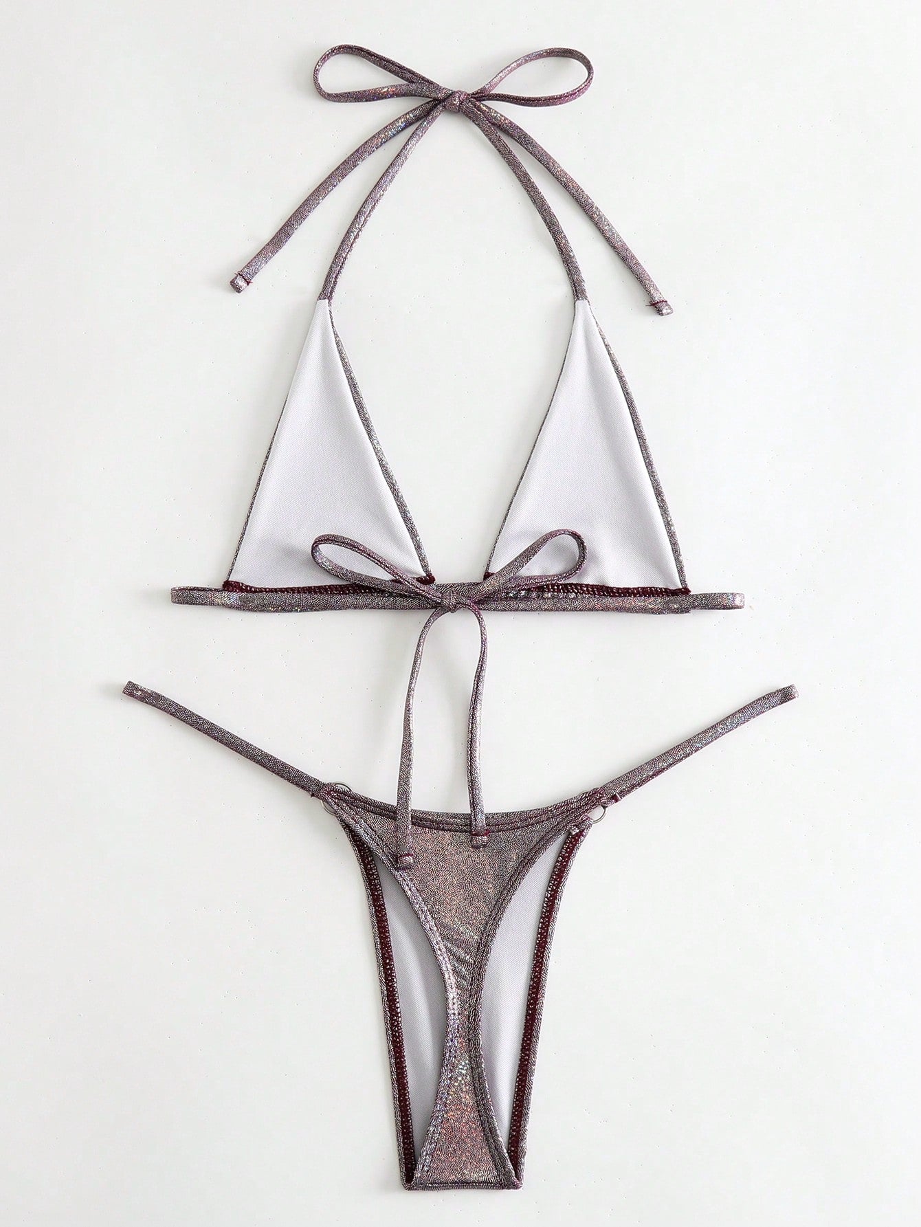 Swim SXY Metallic Bikini Set Micro Triangle Bra & O-ring Linked Thong 2 Piece Swimsuit