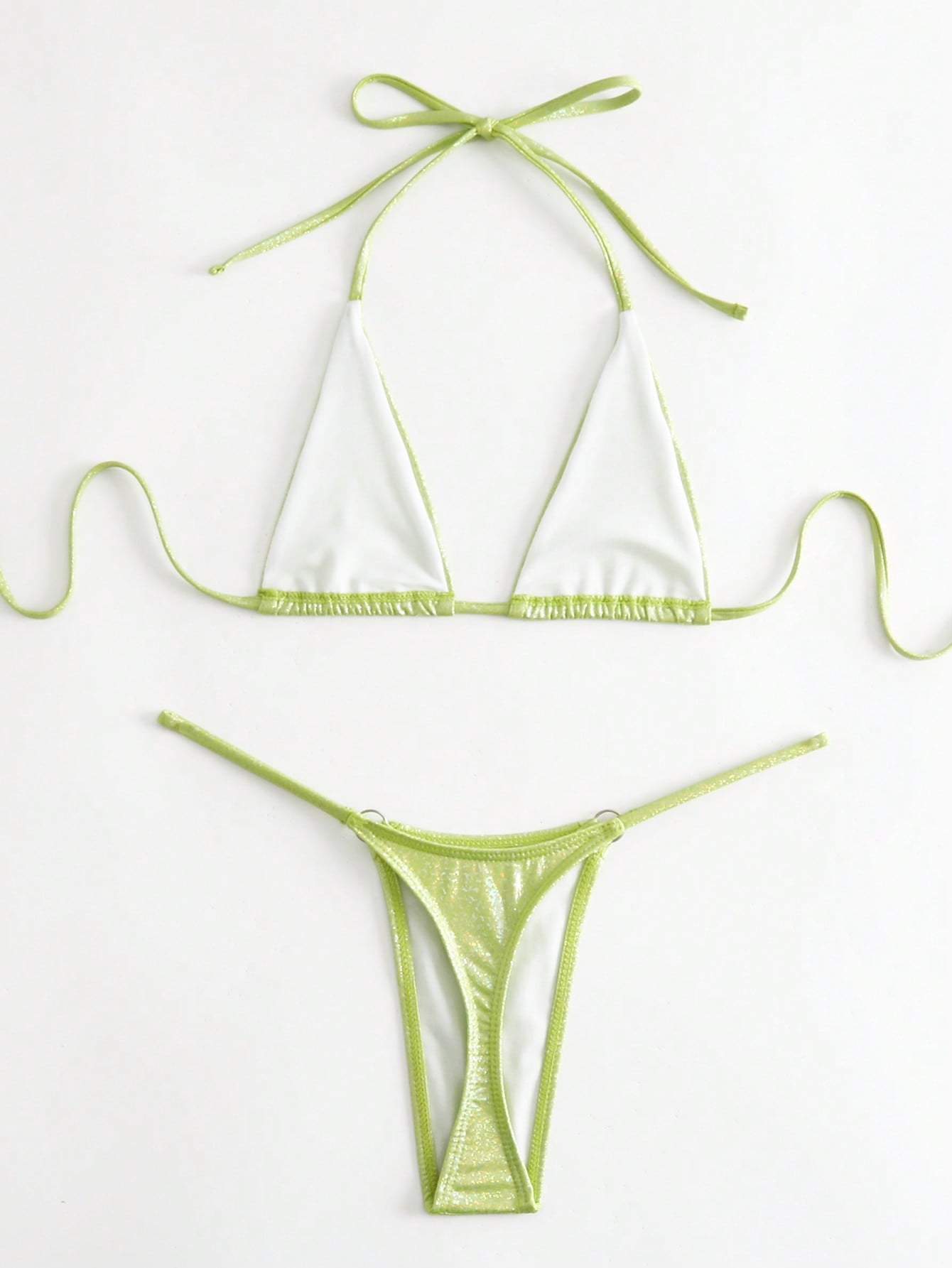 Swim SXY Metallic Bikini Set Micro Triangle Bra & O-ring Linked Thong 2 Piece Swimsuit