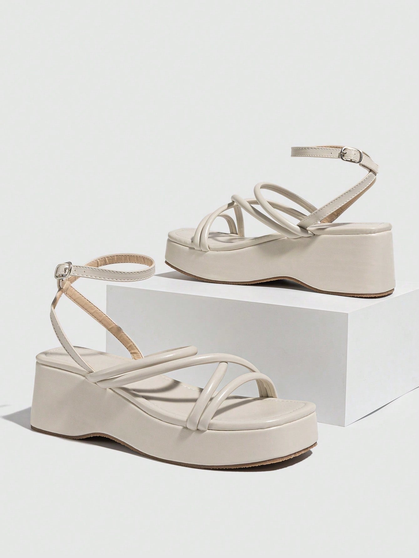 Elegant White Sandals For Women, Minimalist Ankle Strap Flatform Sandals