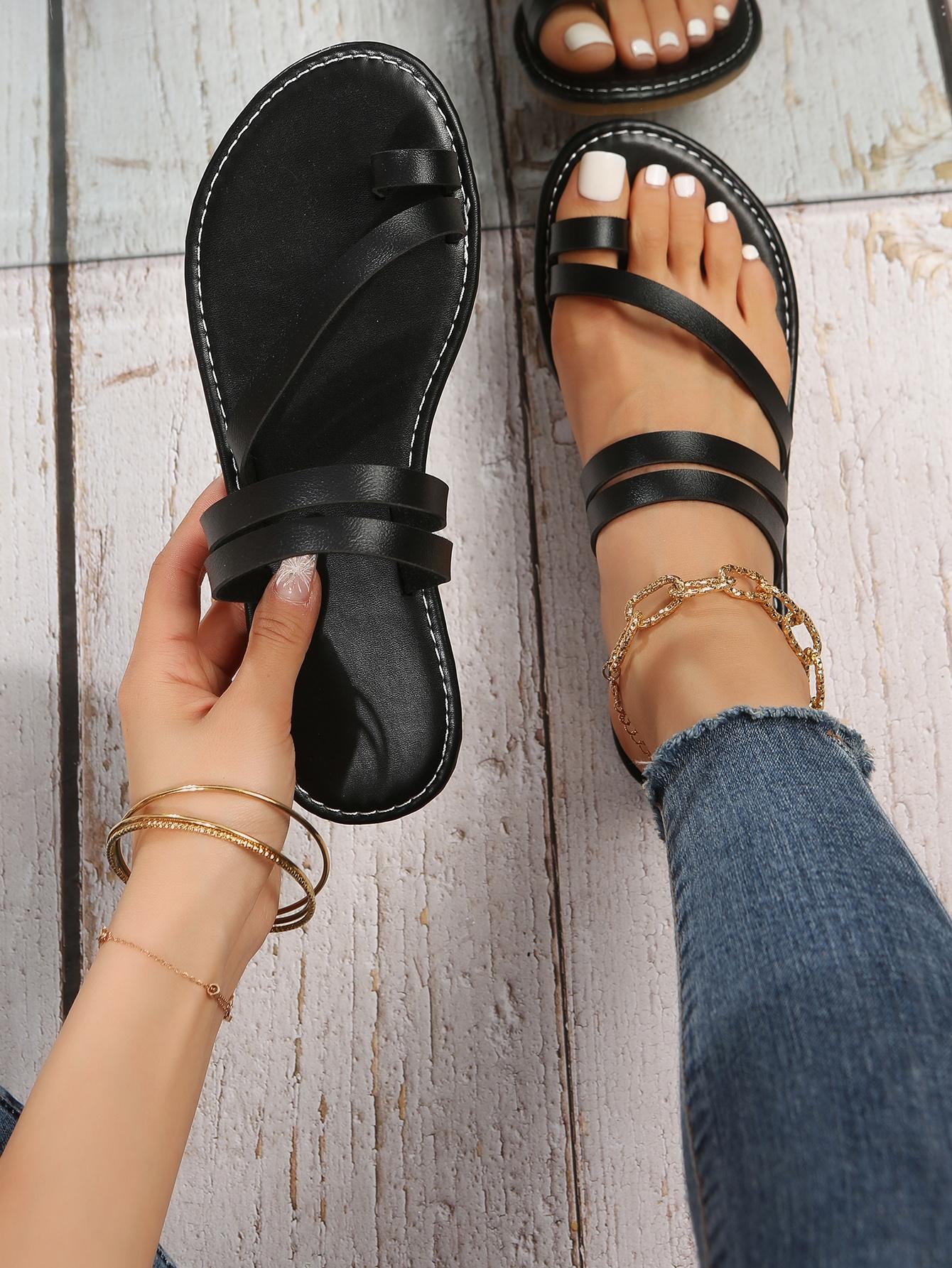 Women's Flat Sandals With Toe Ring, Casual Slip-on Strappy Anti-slip Slides, Outdoor Beach Slippers