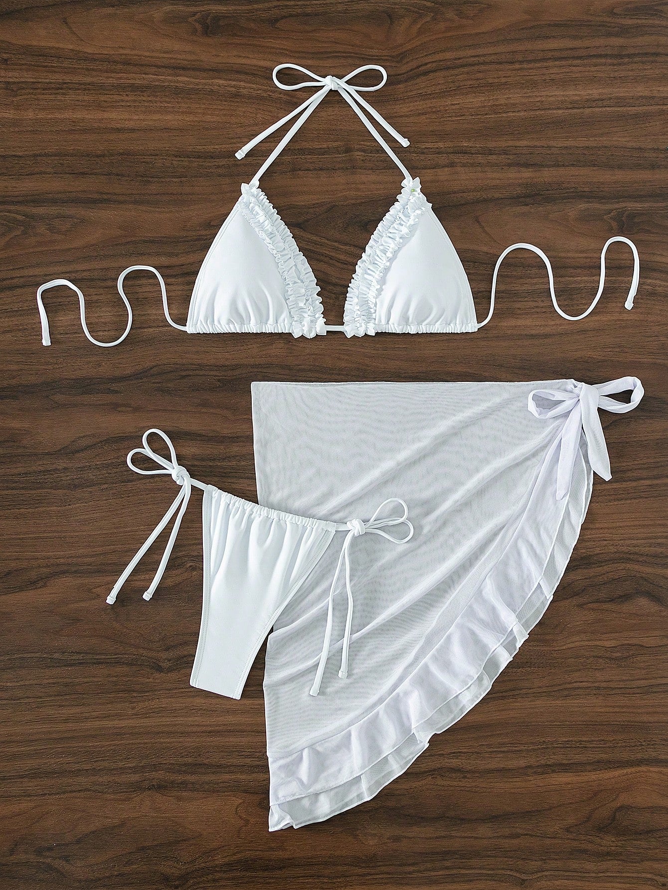 Swim SXY Frill Trim Halter Triangle Bikini Swimsuit With Beach Skirt