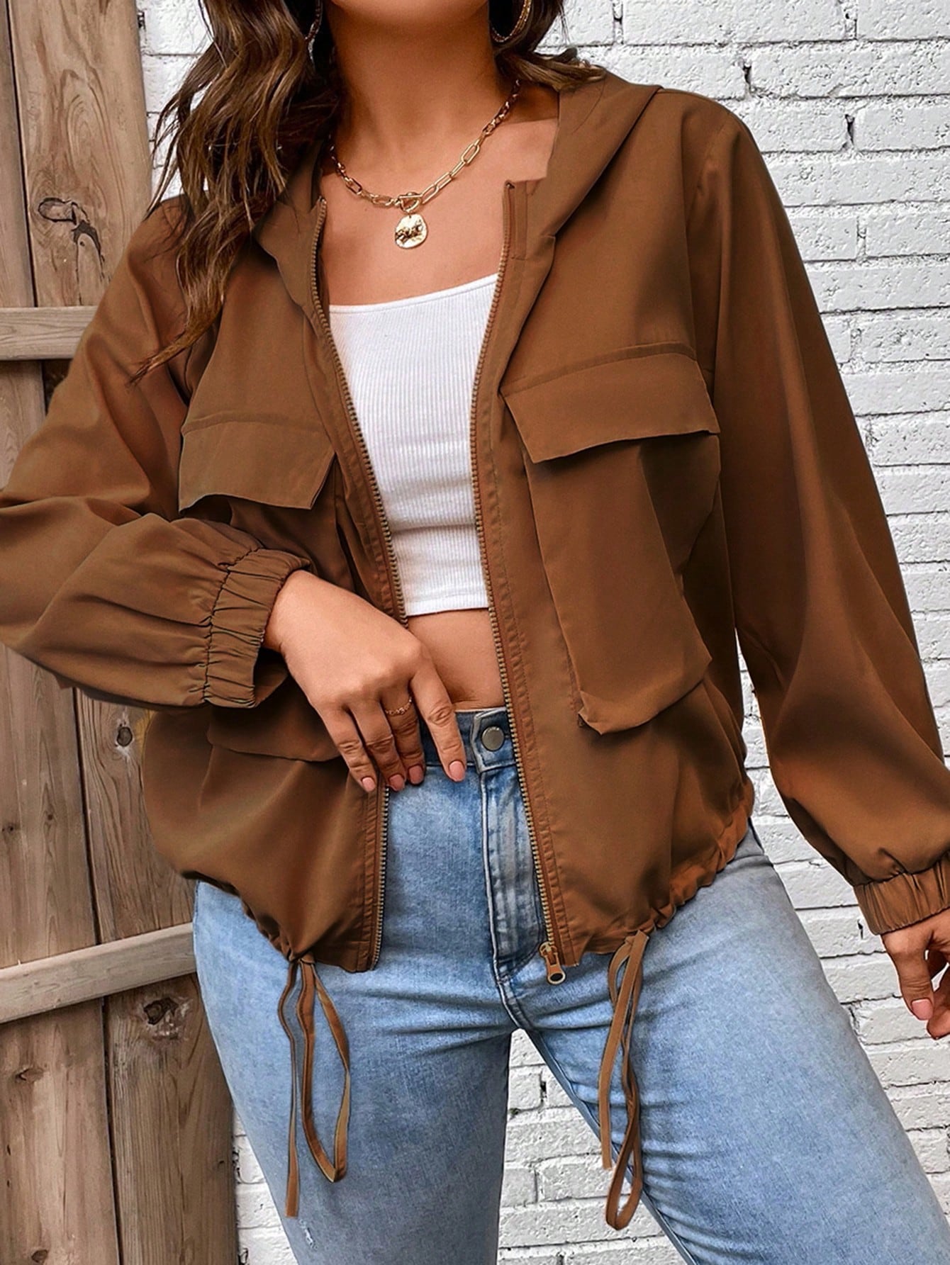 LUNE Plus Flap Pocket Drawstring Hem Hooded Jacket