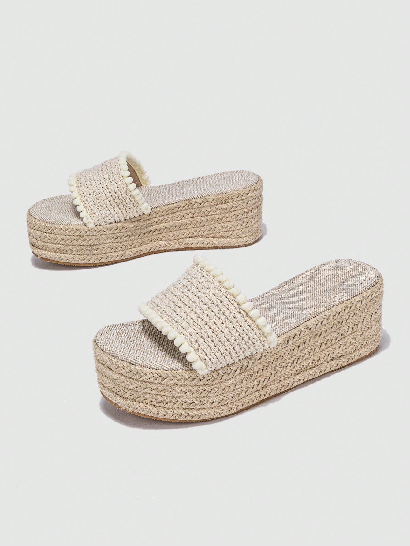 Women Pom Pom Trim Sandals, Vacation Summer Wedge Slide Sandals