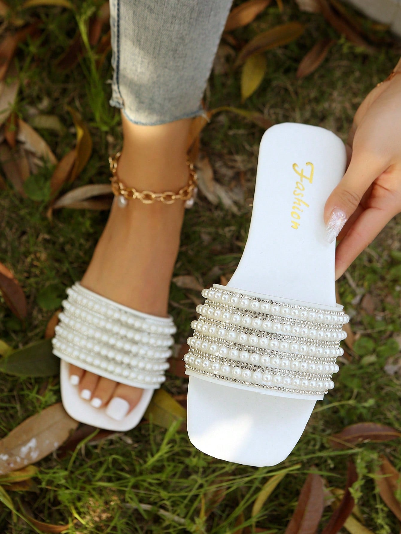 Women Rhinestone & Faux Pearl Decor Slide Sandals, Glamorous Sandals