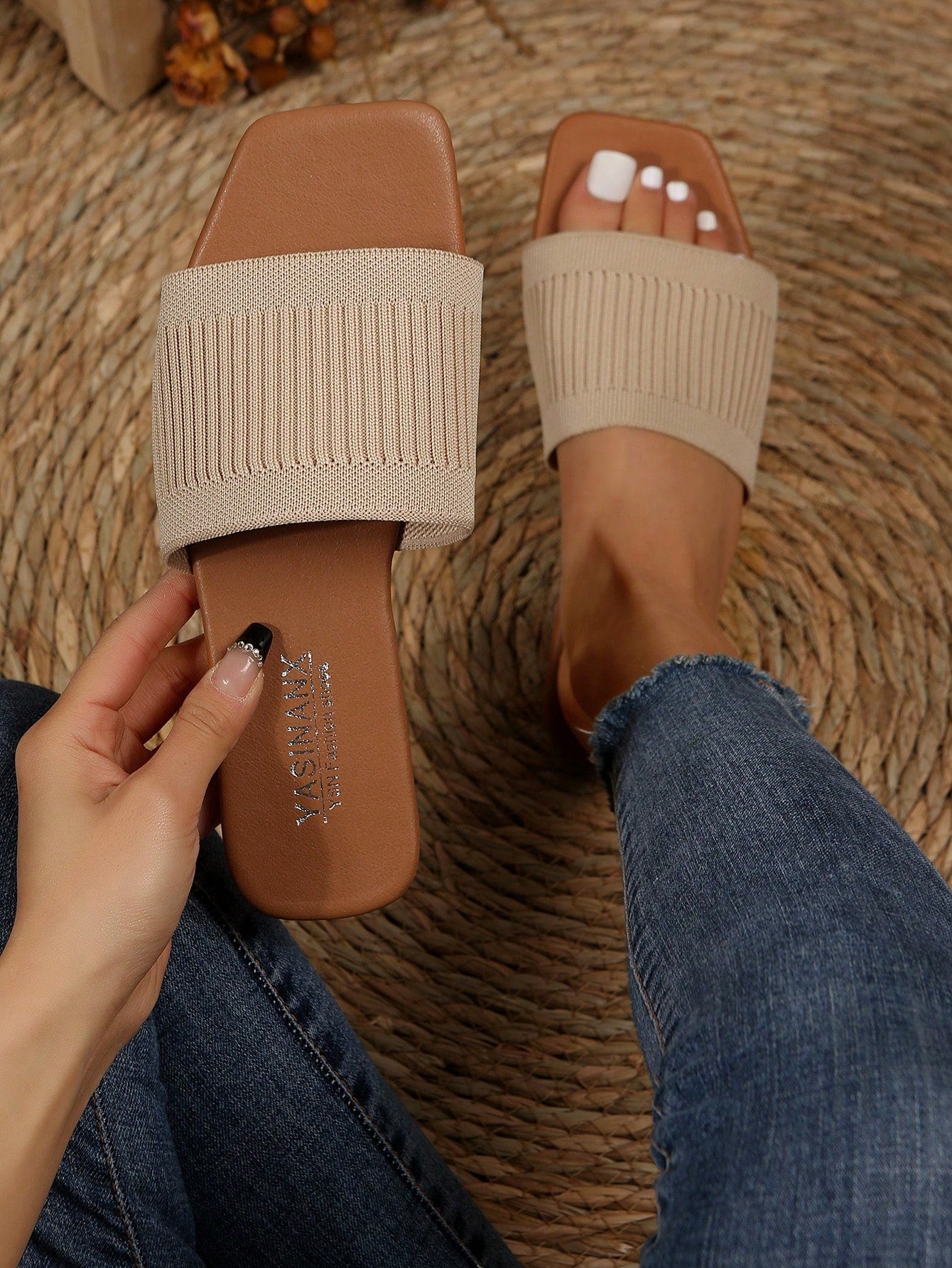 Elegant Slide Sandals For Women, Knit Detail Single Band Flat Sandals