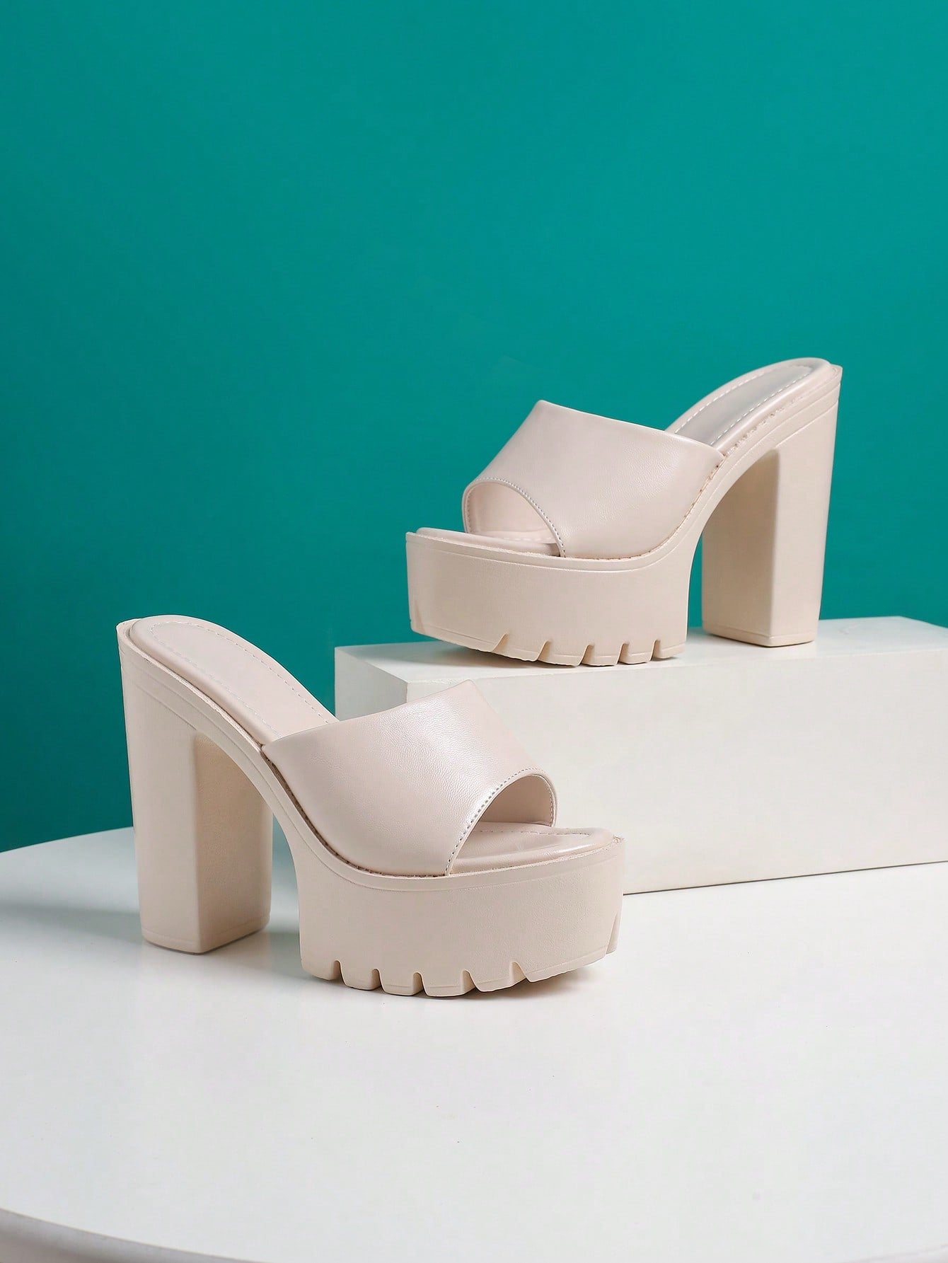 Elegant Khaki Sandals For Women, Minimalist Platform Chunky Heeled Mule Sandals