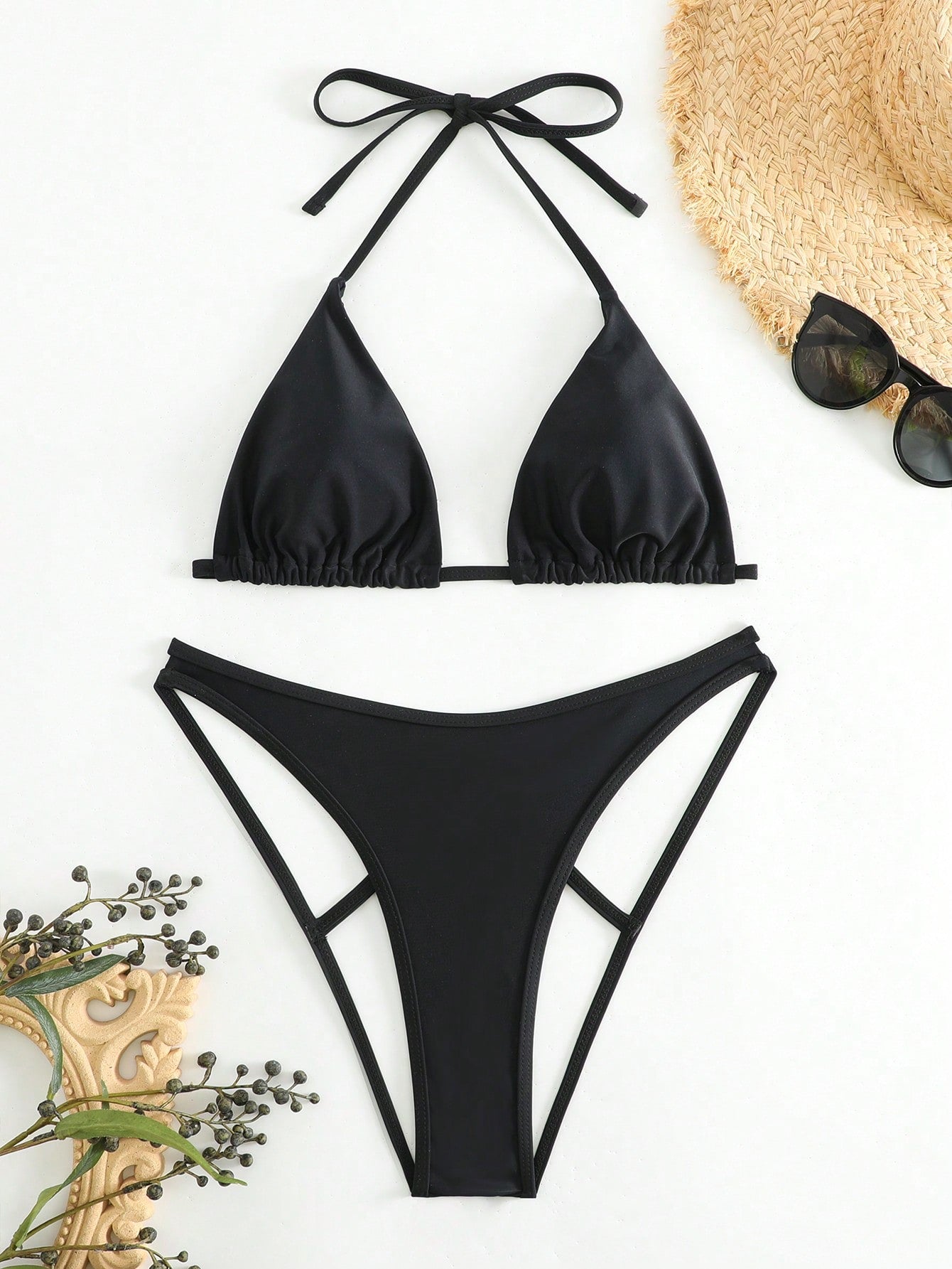 Swim SXY Plain Halter Triangle Bikini Swimsuit