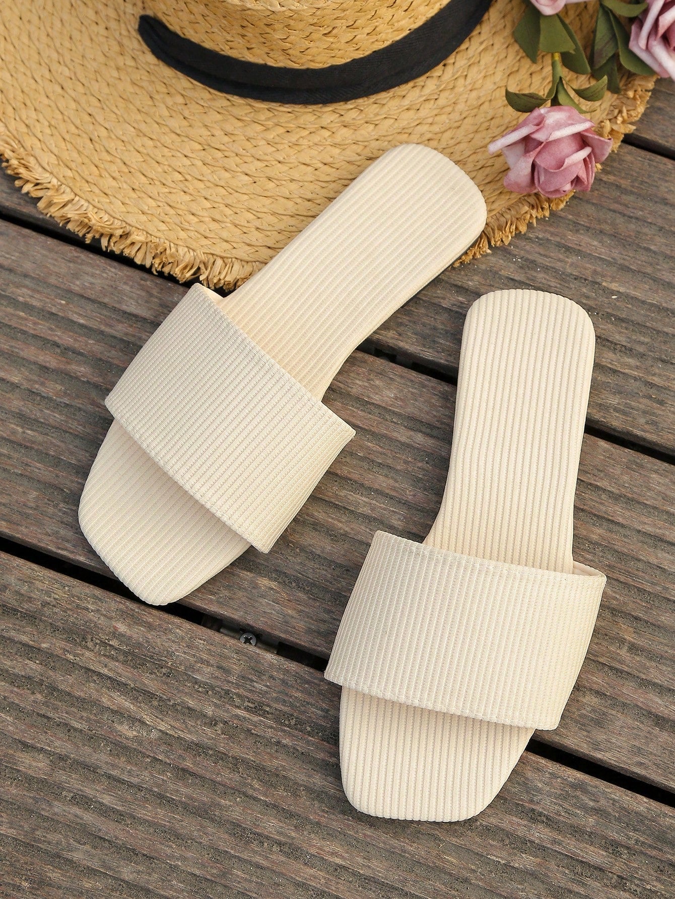 Elegant Beige Sandals For Women, Minimalist Single Band Slide Sandals