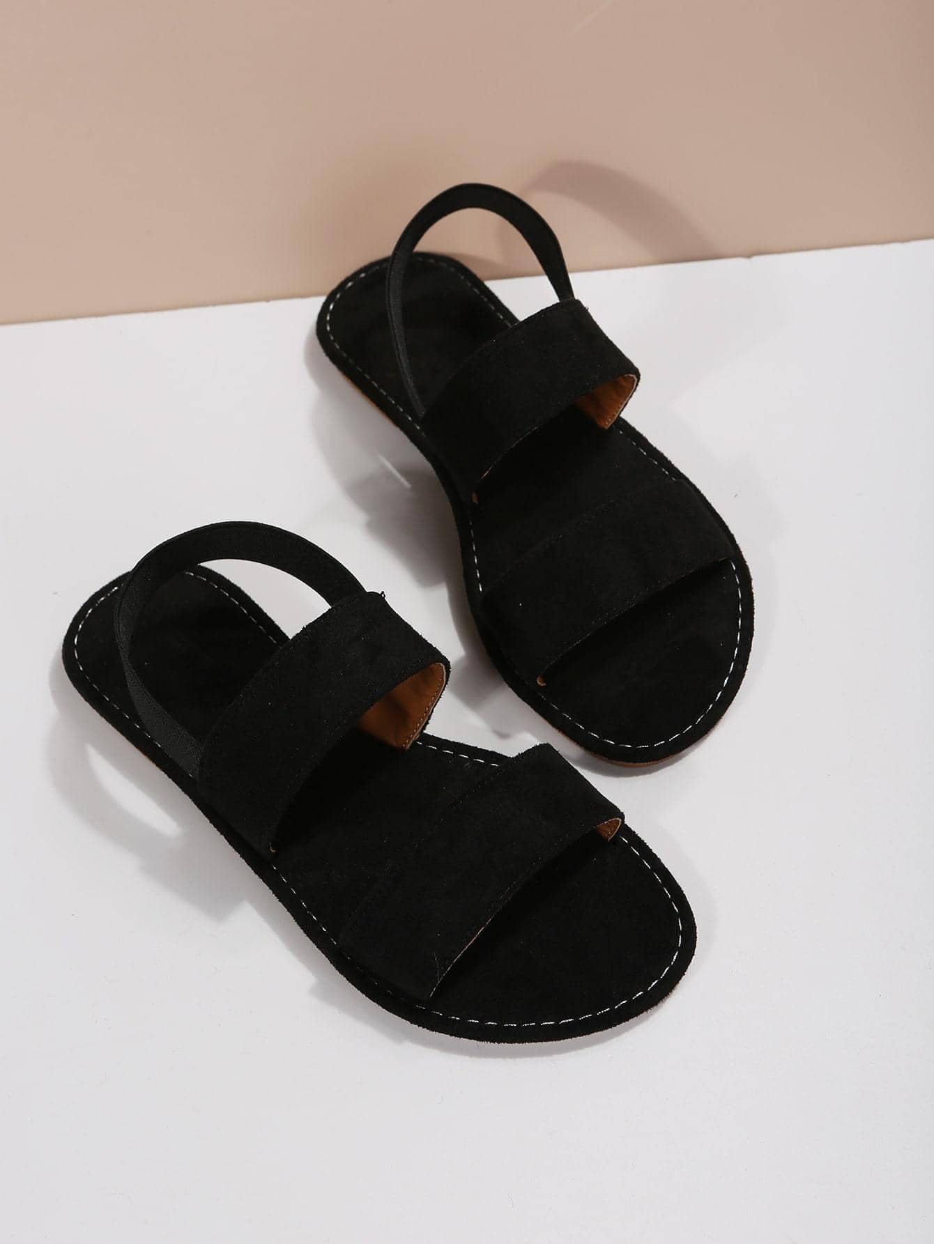 Women Double Strap Flat Sandals, Elegant Black Fabric Slingback Sandals