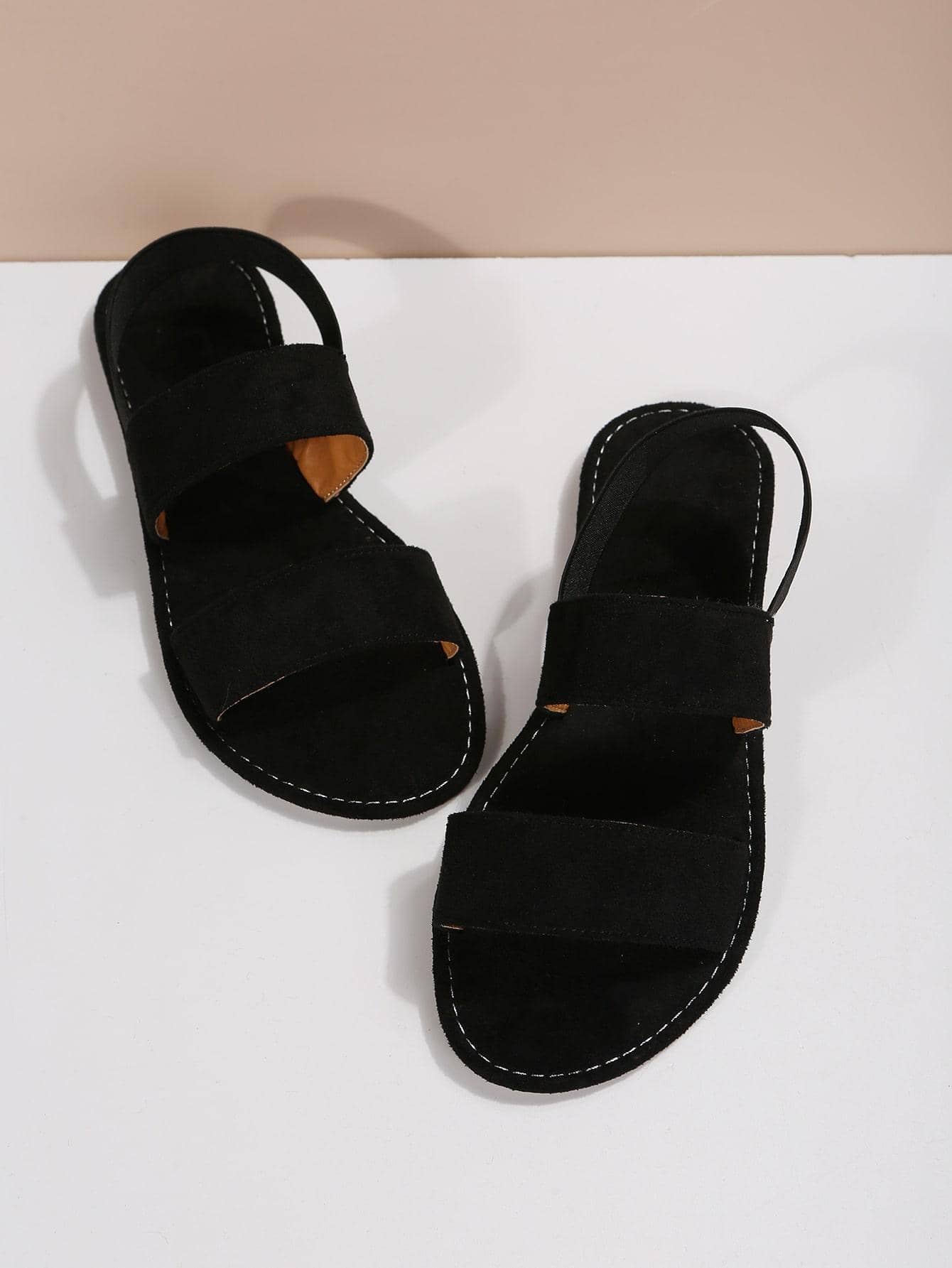 Women Double Strap Flat Sandals, Elegant Black Fabric Slingback Sandals