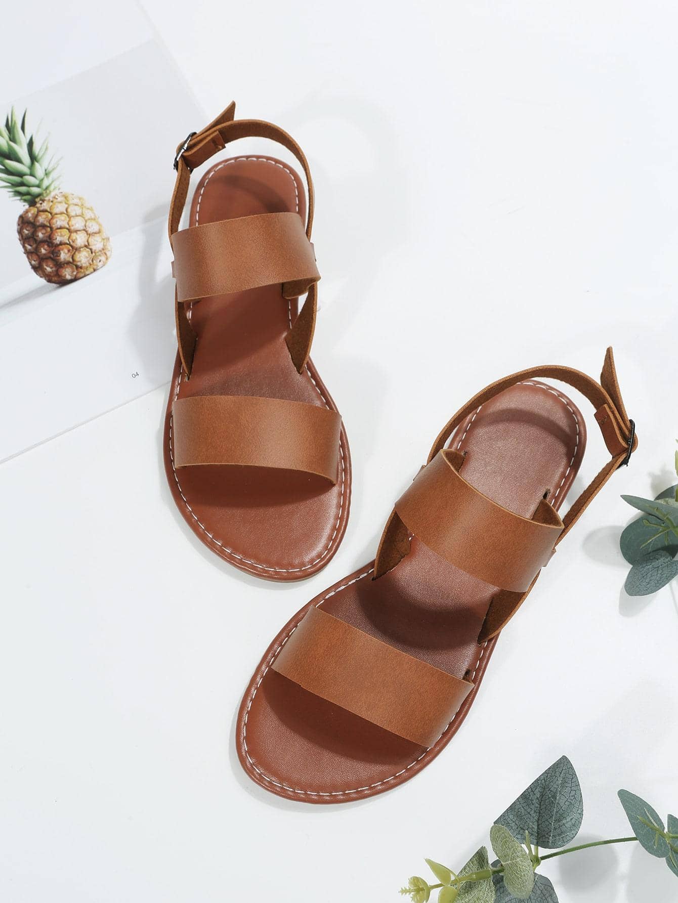 Women Minimalist Flat Sandals, Elegant Brown Slingback Sandals