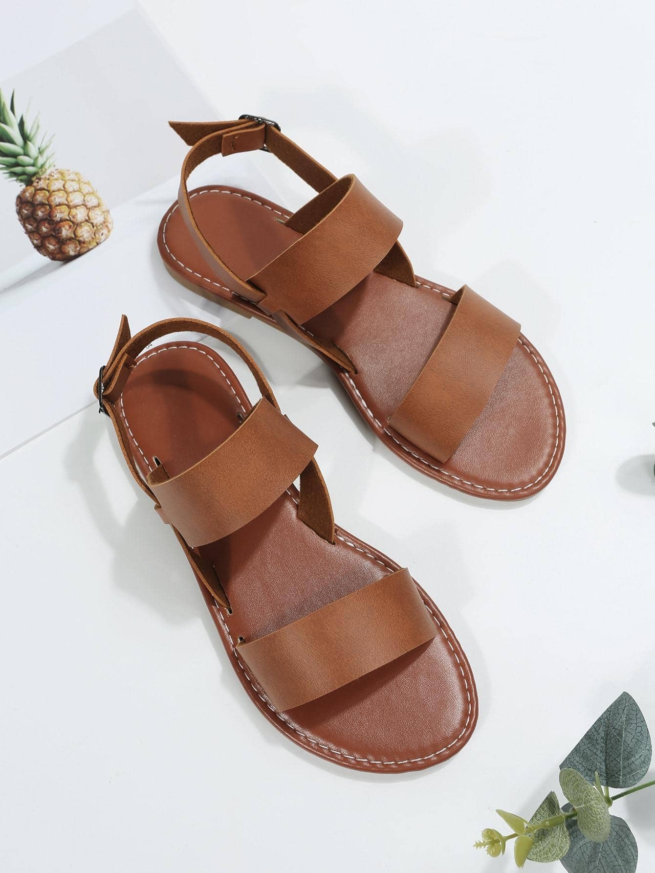 Women Minimalist Flat Sandals, Elegant Brown Slingback Sandals