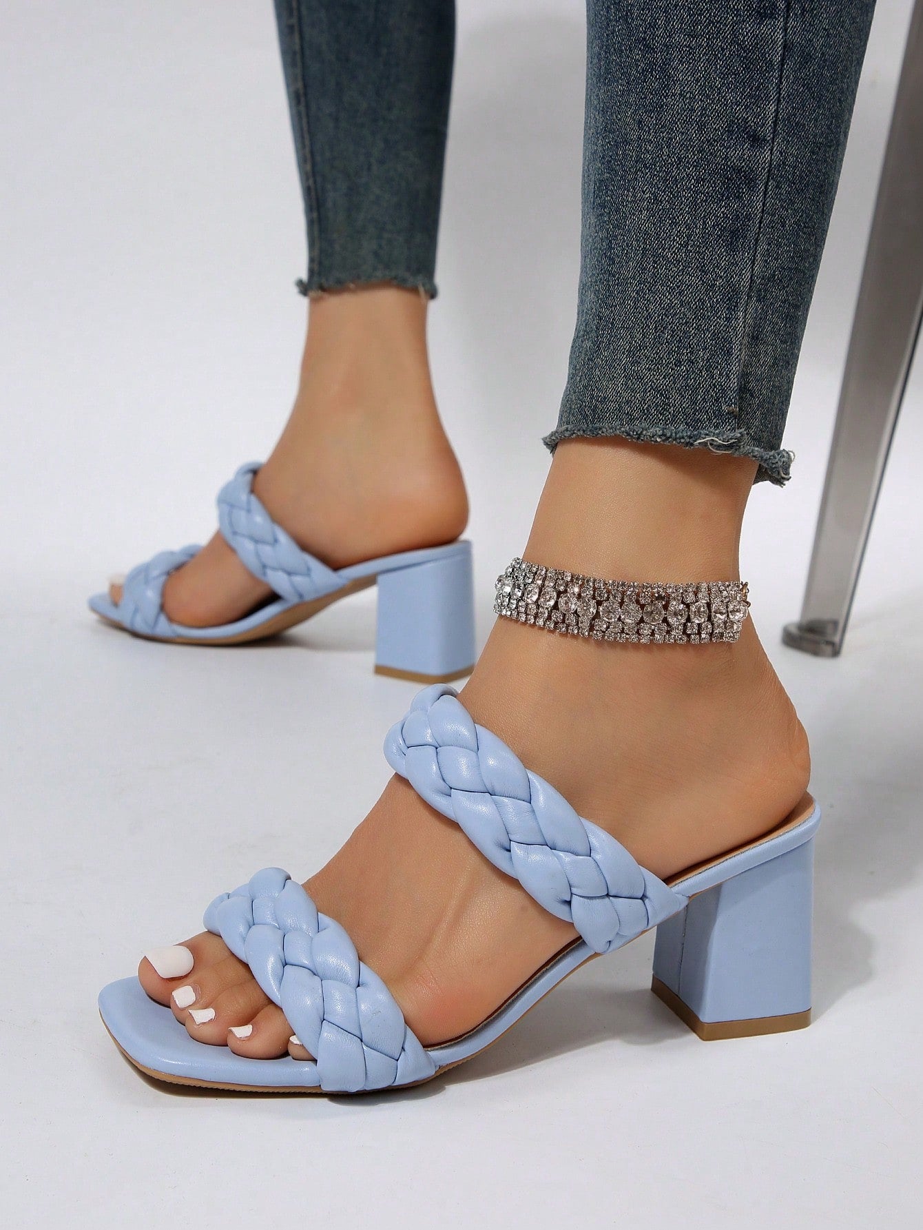 Vacation Apricot Sandals For Women, Braided Detail Chunky Heeled Mule Sandals
