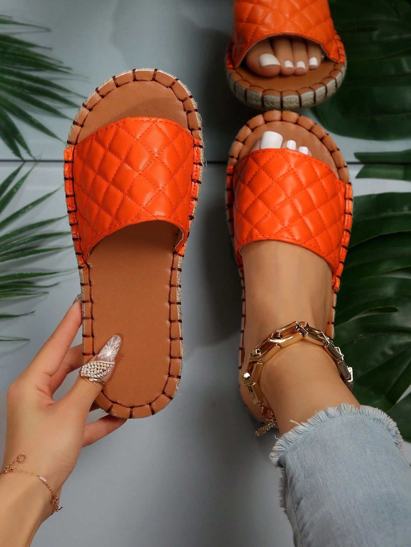 Women Quilted Pattern Espadrille Slide Sandals, Vacation Summer Flat Sandals