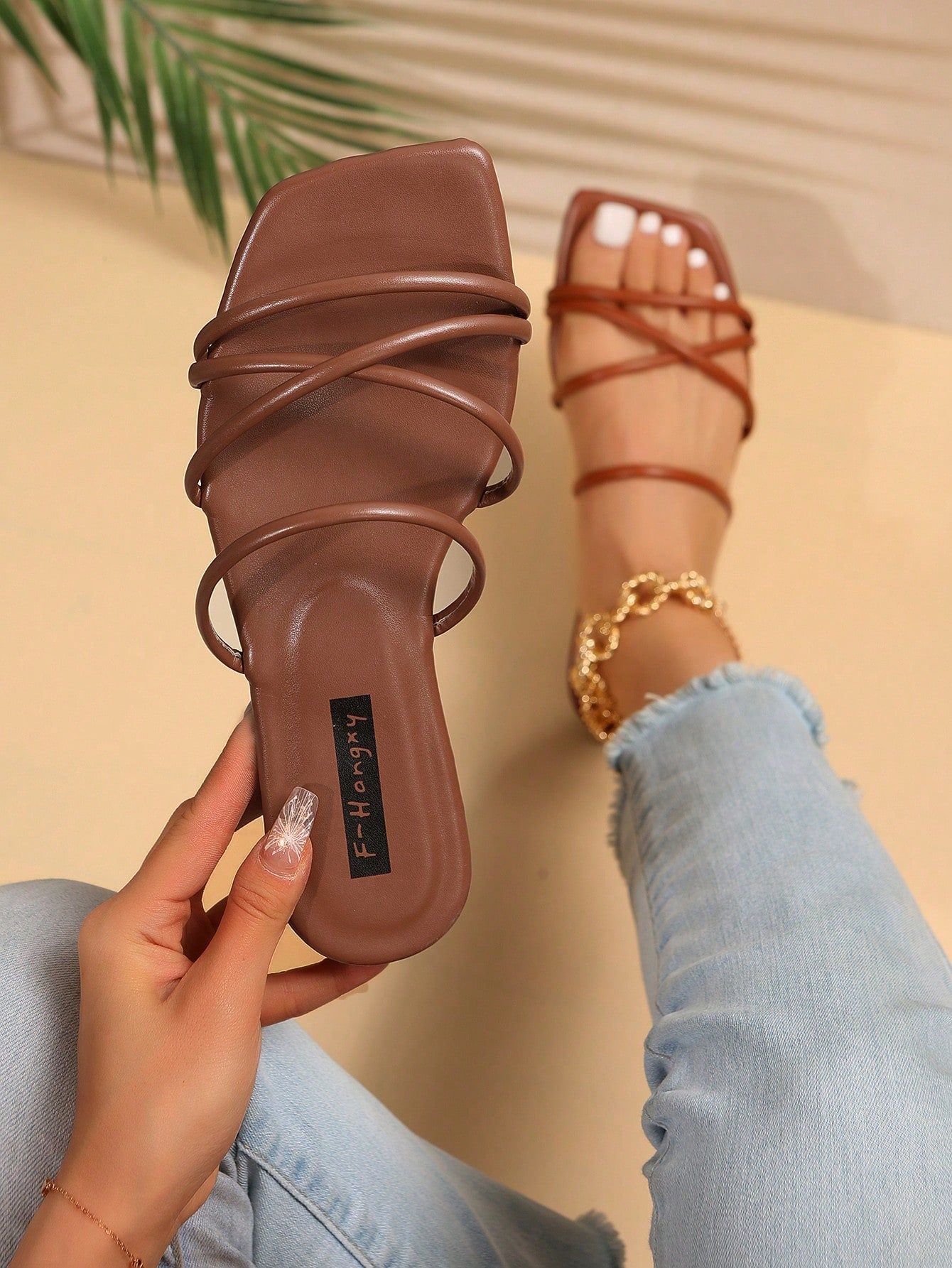 Elegant Slide Sandals For Women, Brown Multi Strap Flat Sandals